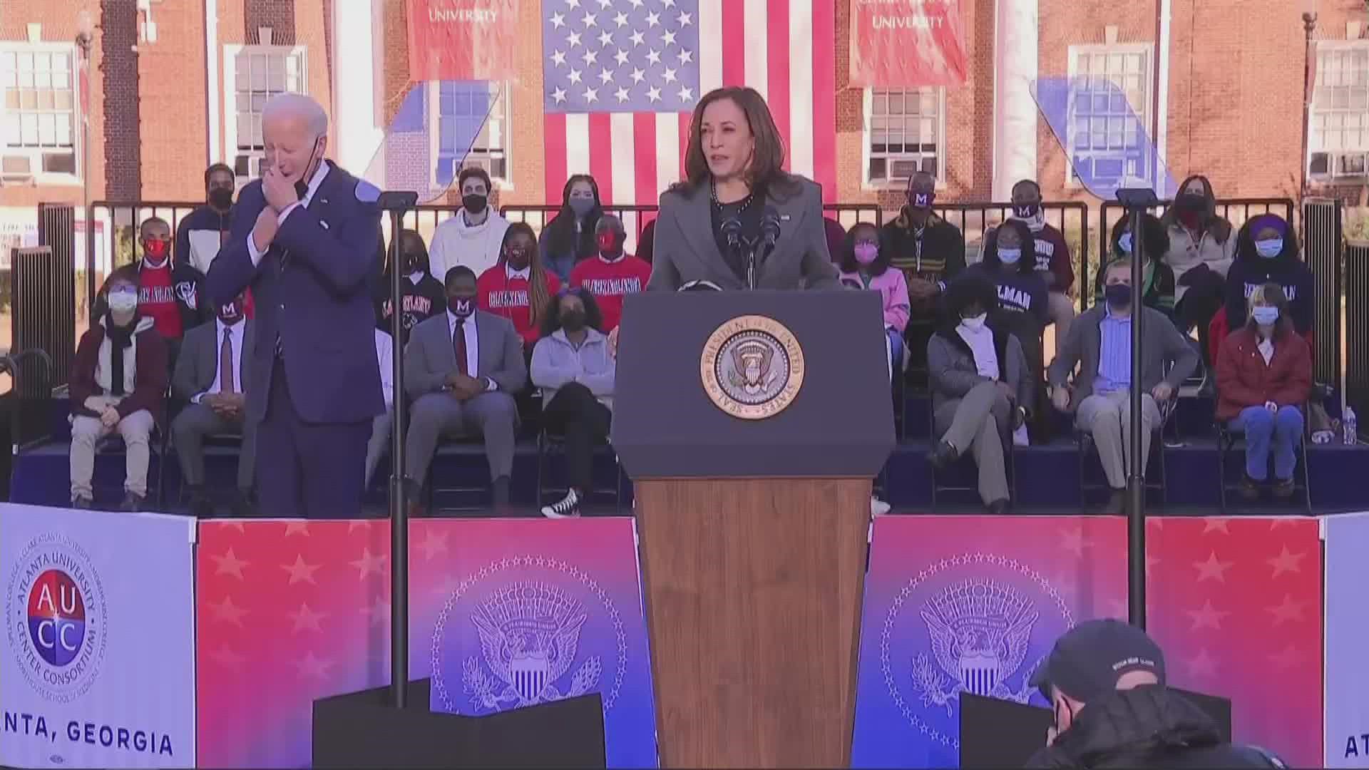 US Vice President Kamala Harris speaks on the dangers of anti-voter laws and obstacles to the ballot box.