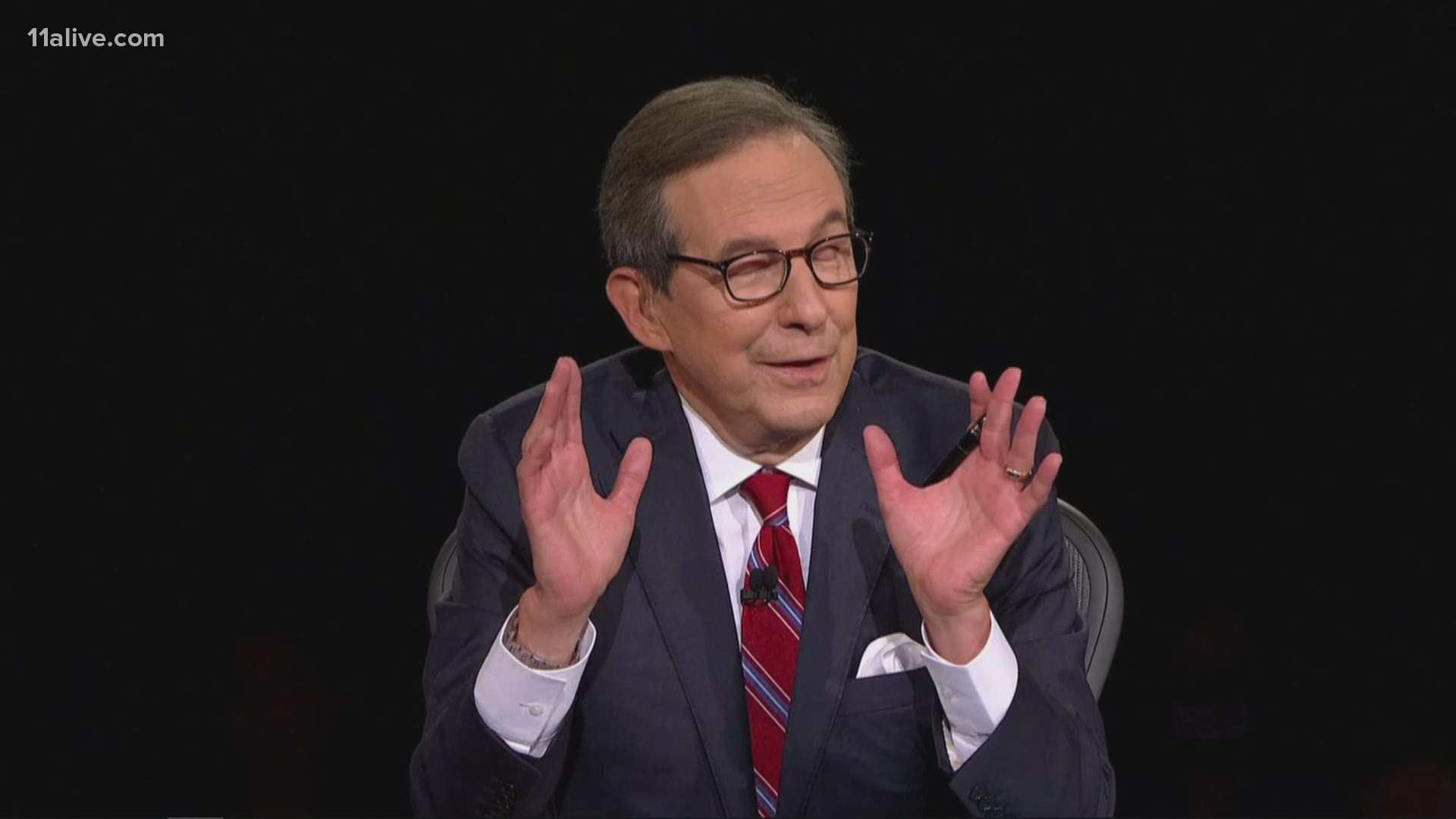 In one of many contentious moments during the presidential debate, moderator Fox News' Chris Wallace tries to encourage President Trump to stop interrupting.