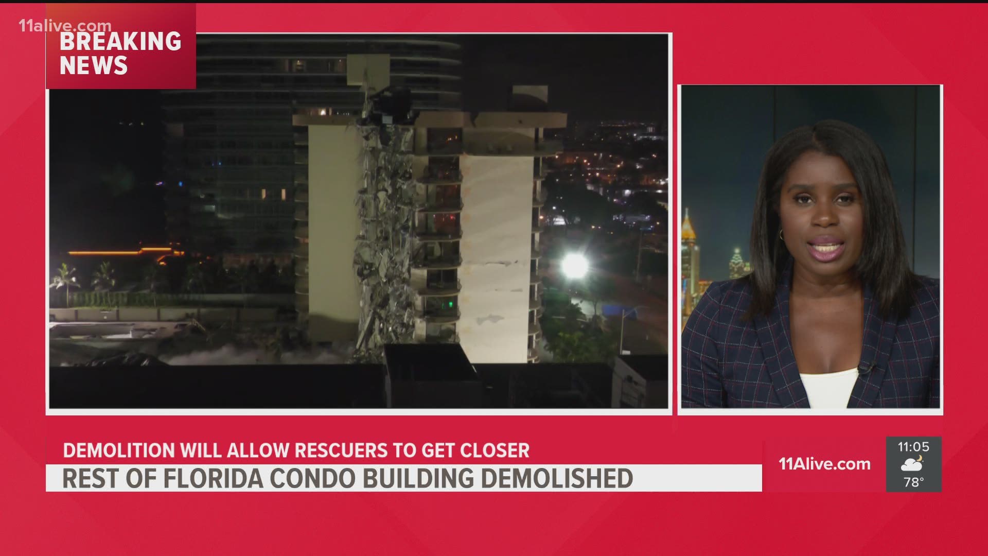 The remaining portion of the Champlain Towers South condo building in Surfside, Florida, was demolished just after 10:30 p.m. Sunday.
