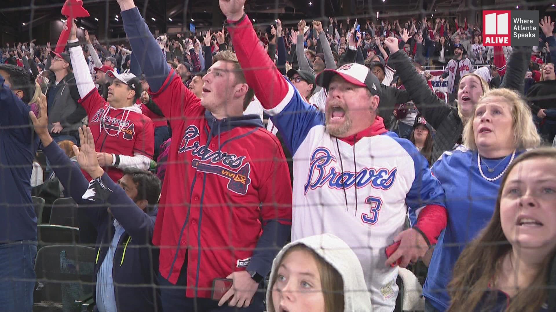 The Atlanta Braves are holding a watch party inside Truist Park for Game 6 of the World Series on Tuesday night. This was the reaction for the first home run.