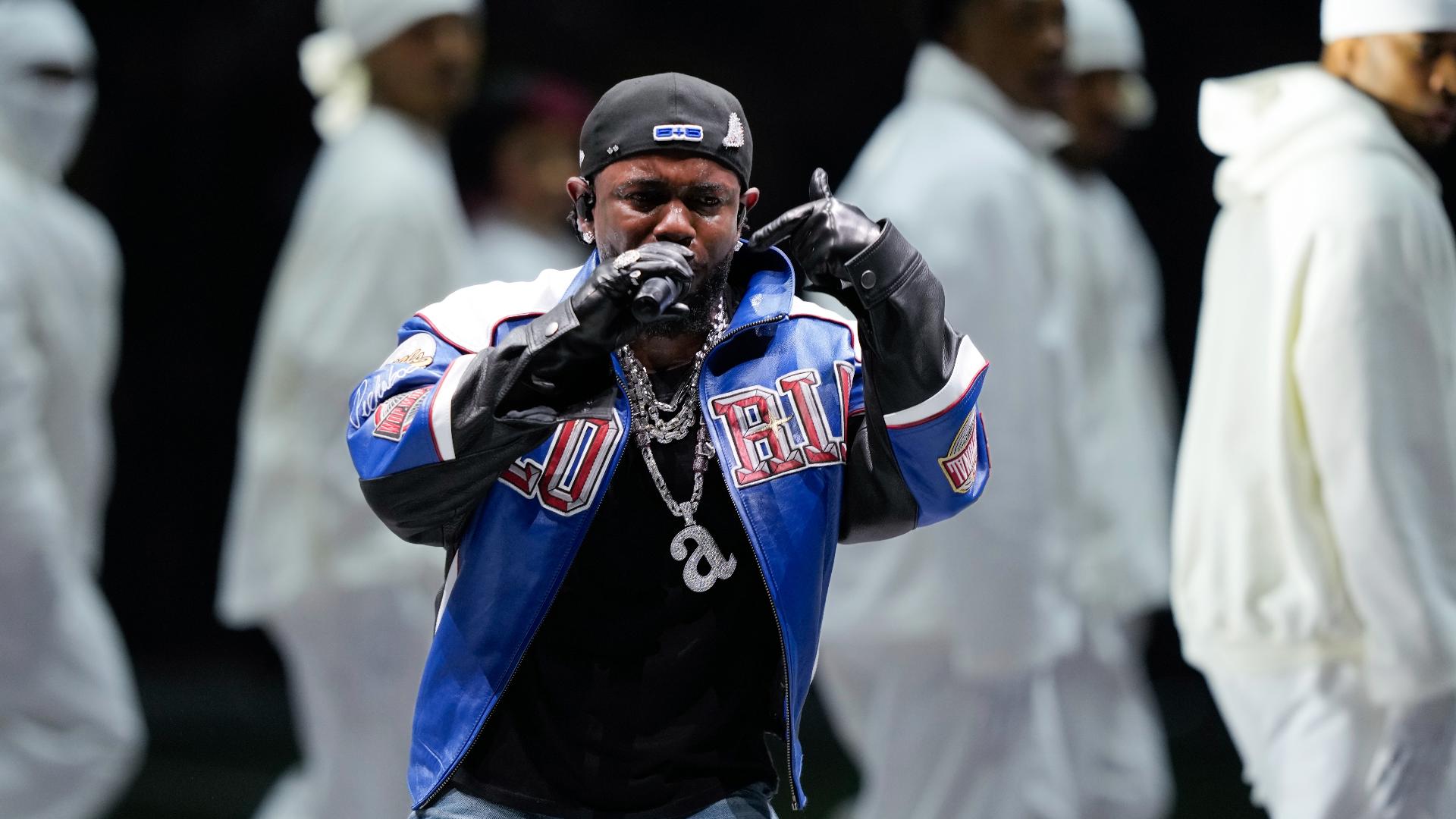 All photos via Associated Press. Kendrick Lamar performed Sunday at Super Bowl 59.