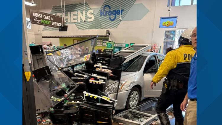Driver with revoked license crashes into busy Athens Kroger, trapping employee and injuring five, police say