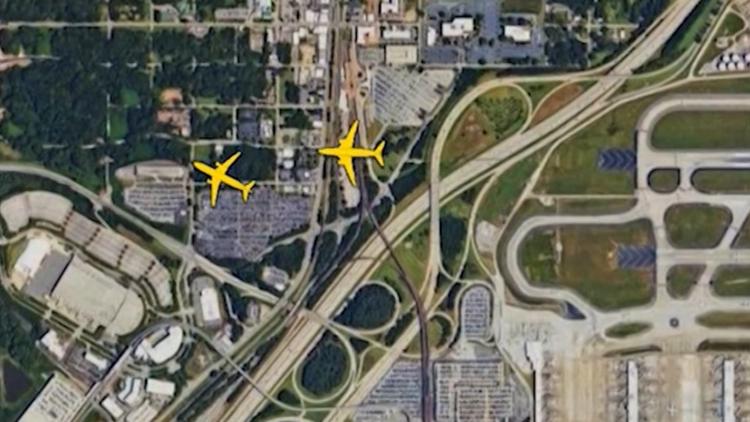 Animation, air traffic control audio outline close call of Delta planes above Atlanta airport