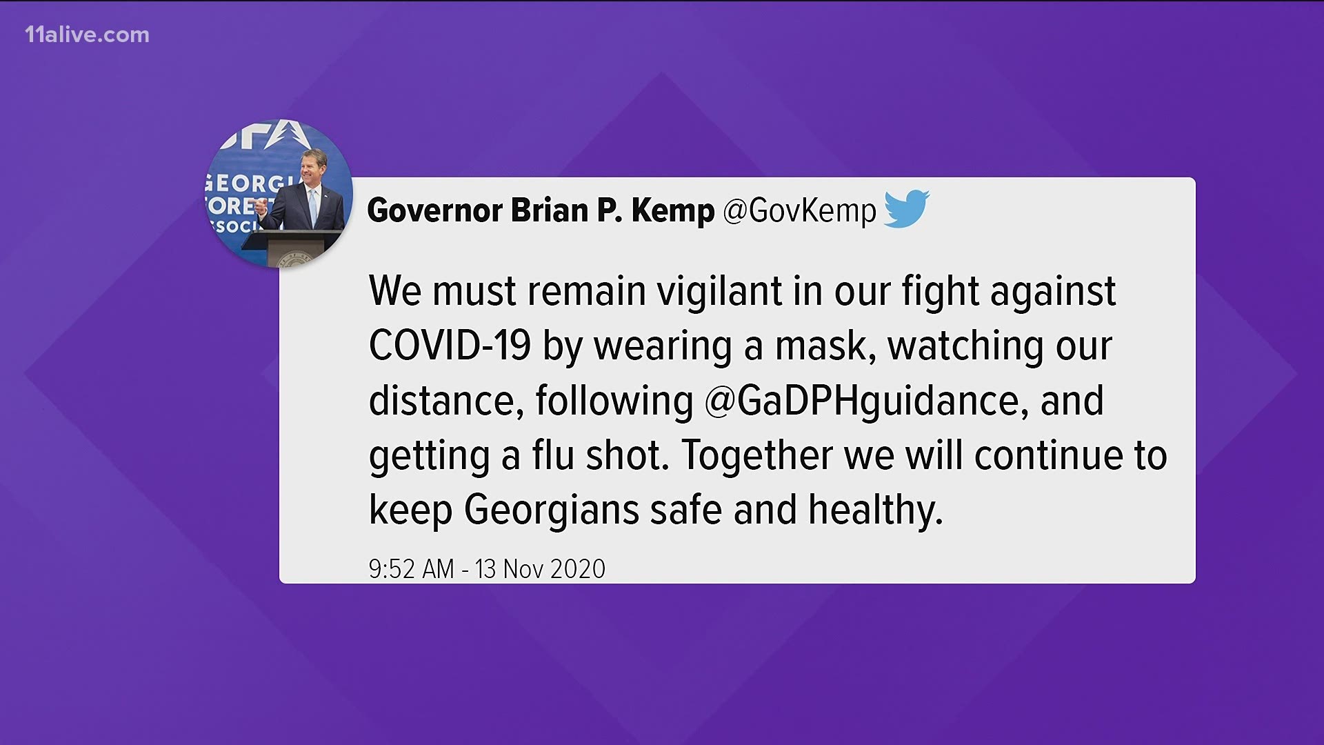 He tweeted for Georgians to "remain vigilant in our fight against COVID-19."