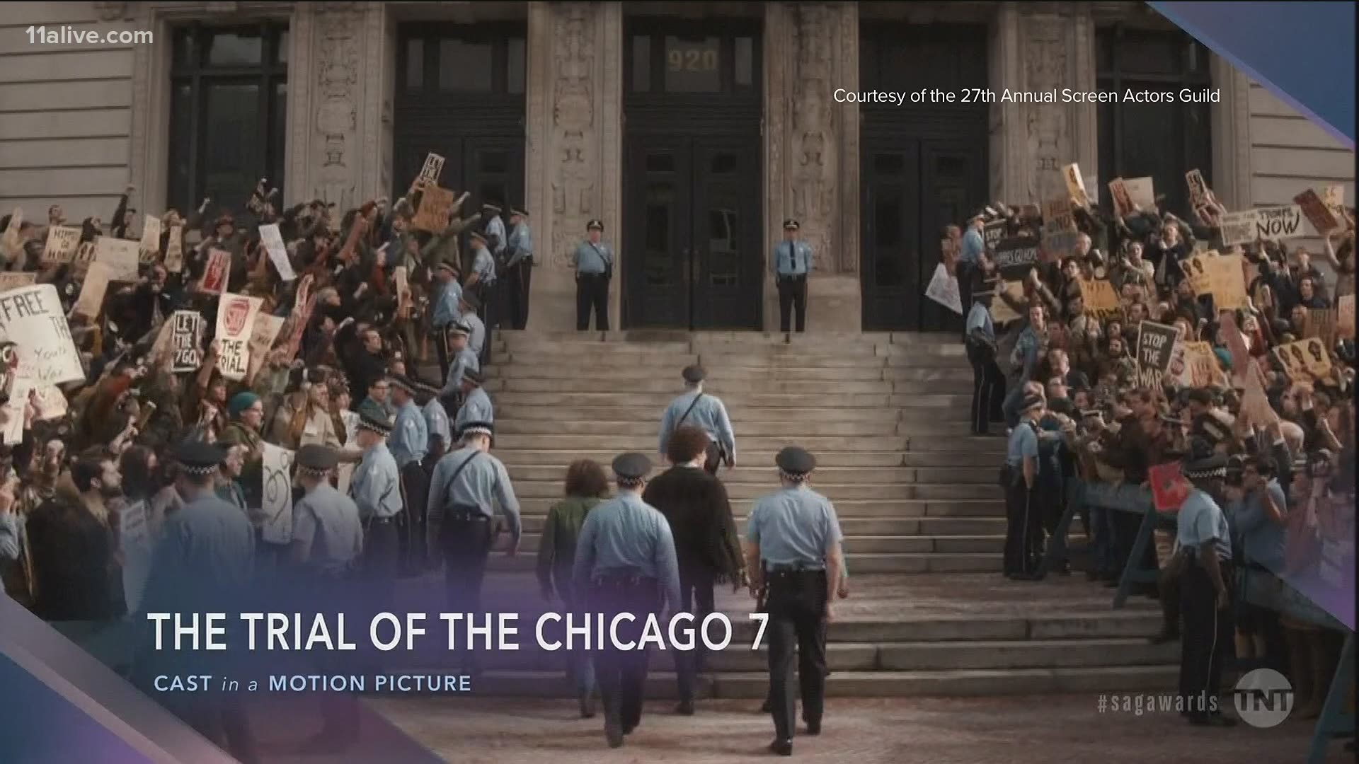 The starry cast of Aaron Sorkin’s 1960s courtroom drama “The Trial of the Chicago 7” took the top prize Sunday at a virtual, pre-taped Screen Actors Guild Awards.