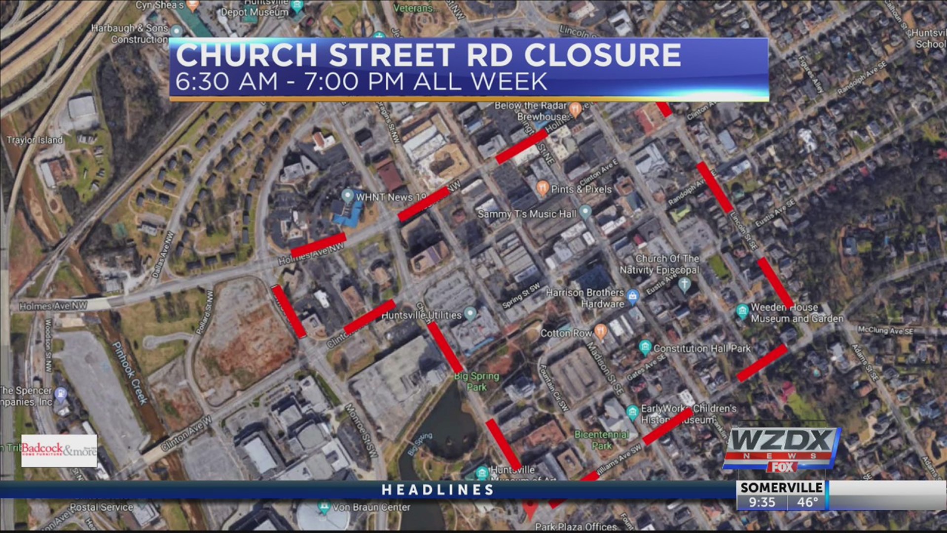 Starting at 6:30 a.m. Tuesday, 11/5 and continuing through Friday, 11/8 at 7:00 p.m, Church St. will be closed between Clinton Ave. and Williams Ave. on downtown Huntsville.