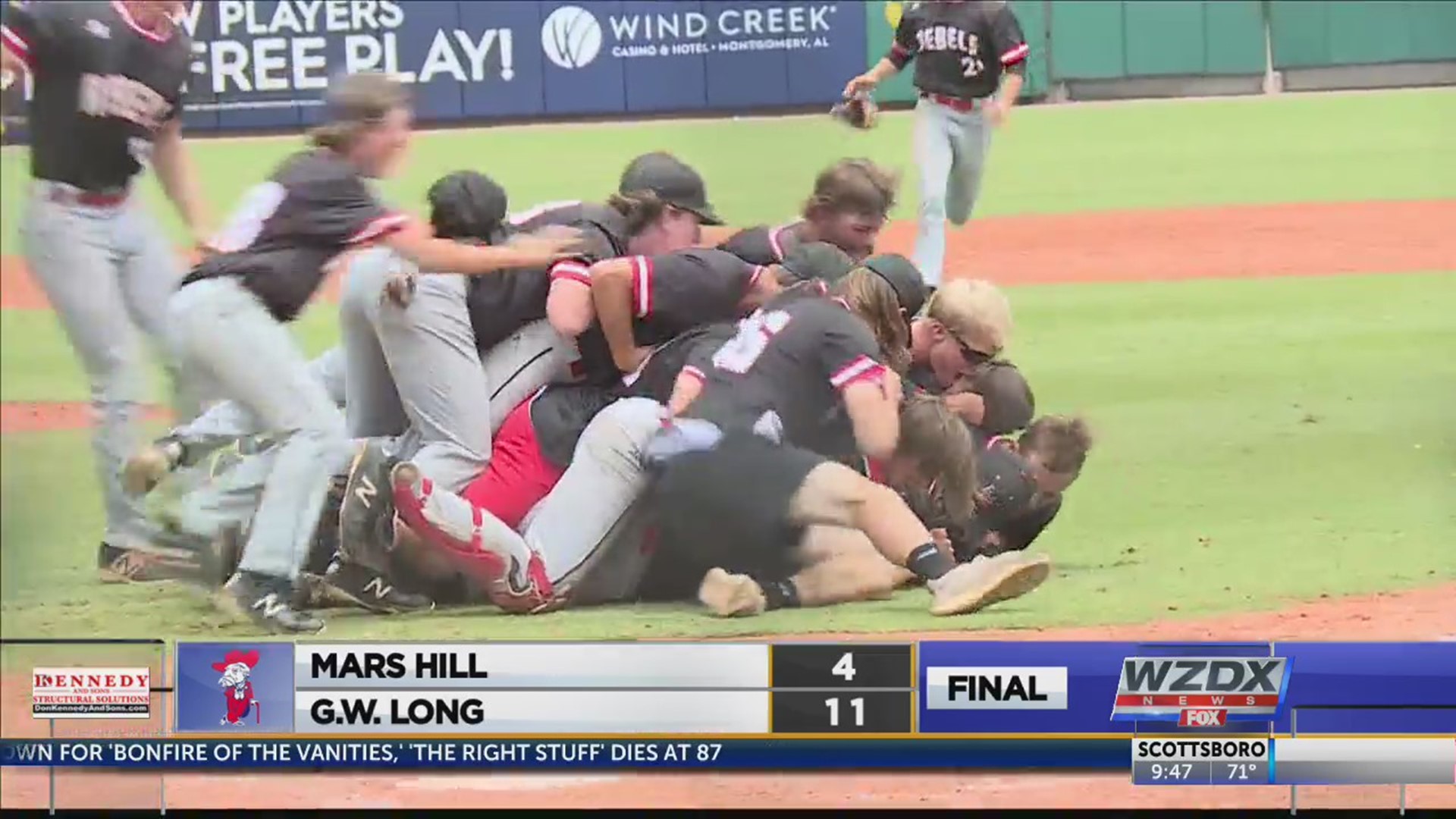 G.W. Long pitcher Dylan Register (11-0) hurled 5 2/3 strong innings, allowed four hits and struck out six to lead G.W. Long (31-12) to an 11-4 victory over Mars Hill Bible (30-12) in game two of the AHSAA Class 2A State Baseball Championship Series and sealed a 2-0 sweep for the state  title.