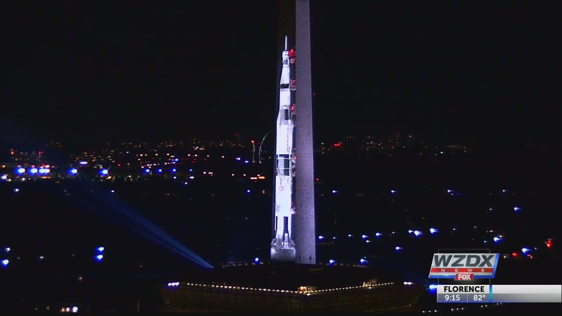 A life-sized image of the Saturn V rocket was projected onto the Washington monument this week.