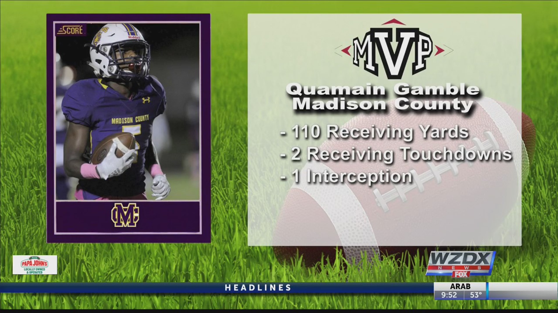 Madison County's Quamain Gamble scored two touchdowns and intercepted a pass in the 1st quarter of the Tigers' contest with Madison Academy last week. Those big plays set the tone in the Tigers 49-21 victory over the Mustangs. For his efforts, Gamble is the newest FDFN MVP of the Week.