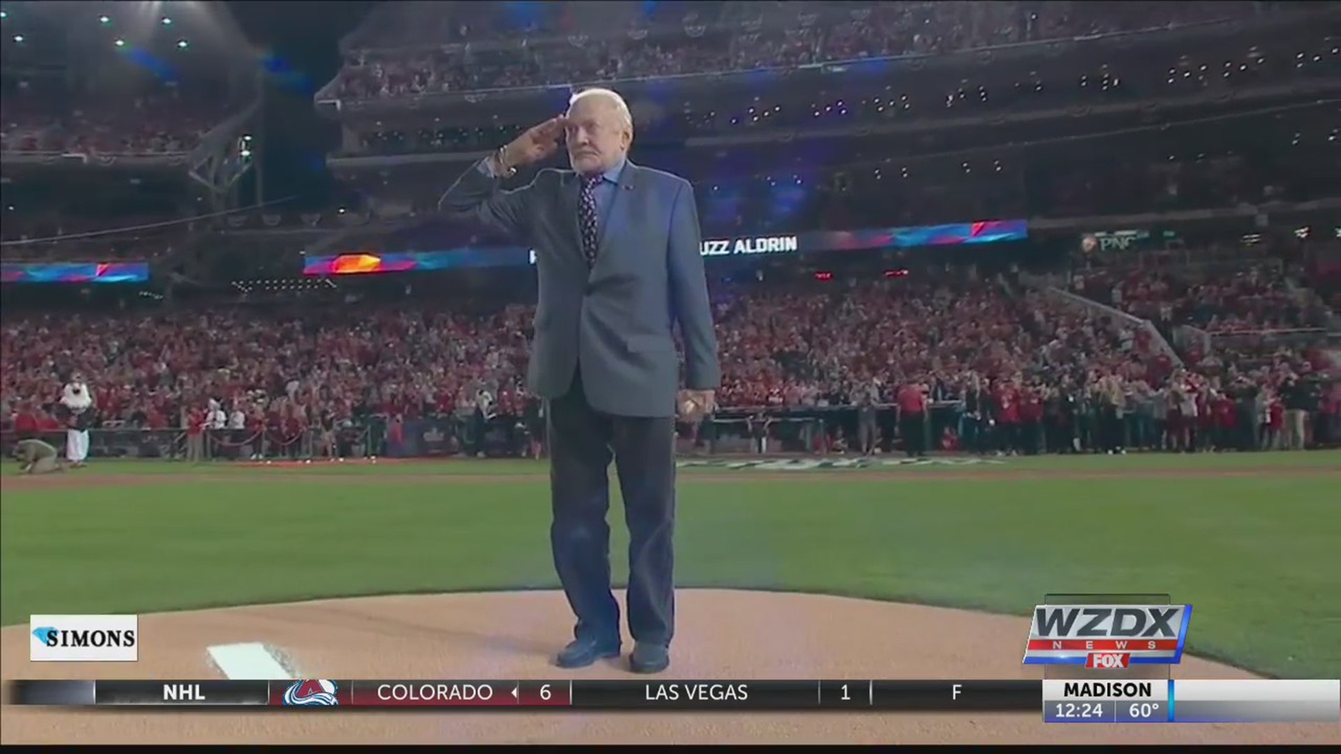 Buzz Aldrin threw the first pitch for Game 3 of the World Series between the Washington Nationals and the Houston Astros.