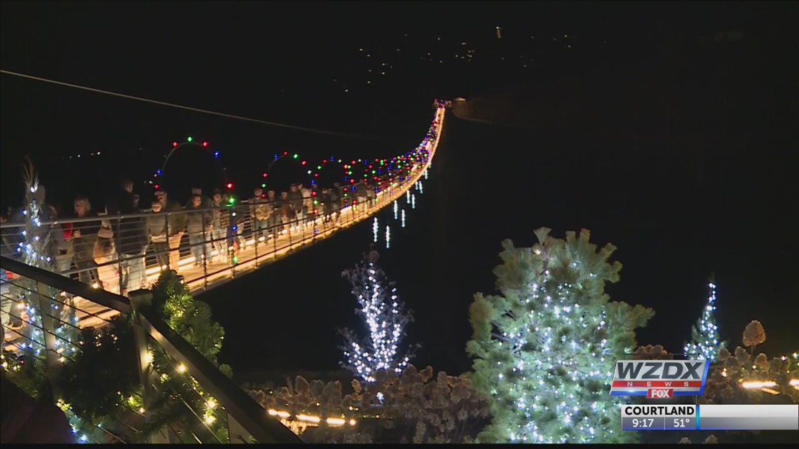 Gatlinburg suspension bridge lit up for the holidays