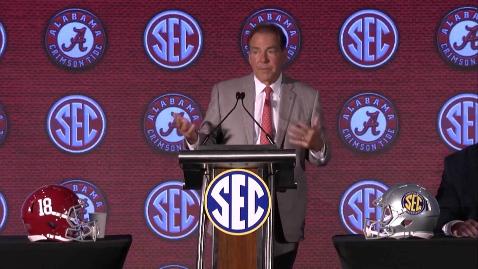 Coach Nick Saban and a pair of Alabama players represented the Crimson Tide on Day 3 of SEC Media Days