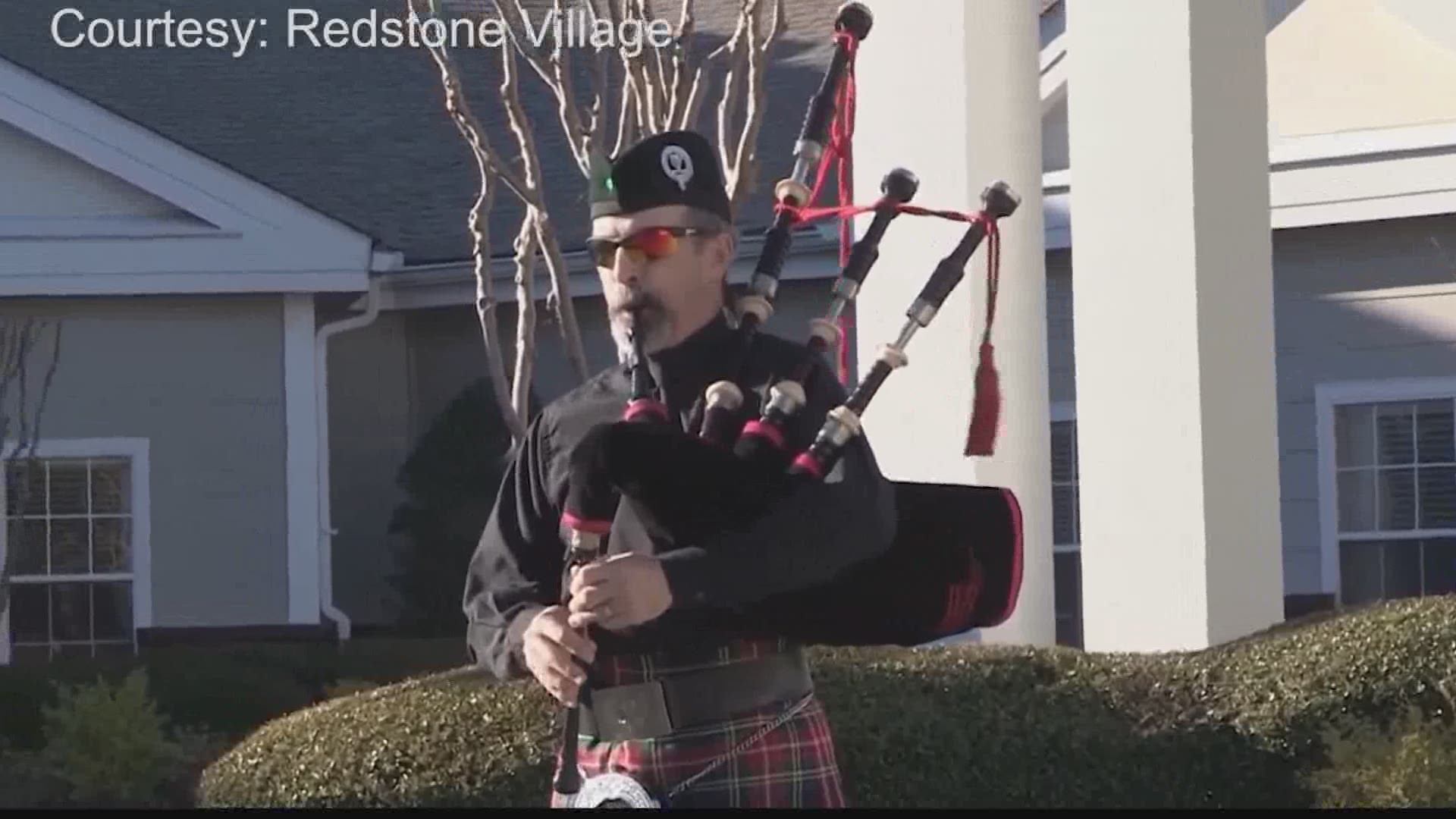 The bagpiper is performing for the residents every Wednesday and Friday until the quarantine is over.