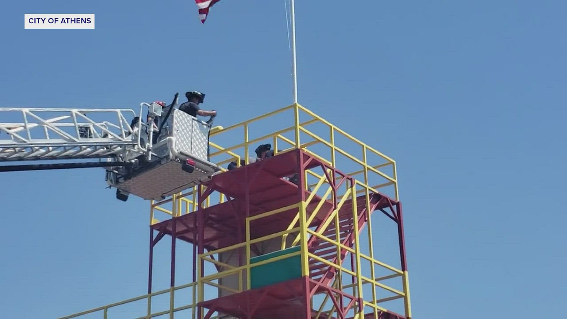 Mayor Ronnie Marks was plucked from a training tower in a rescue simulation for the benefit of area teens. (Courtesy: City of Athens)