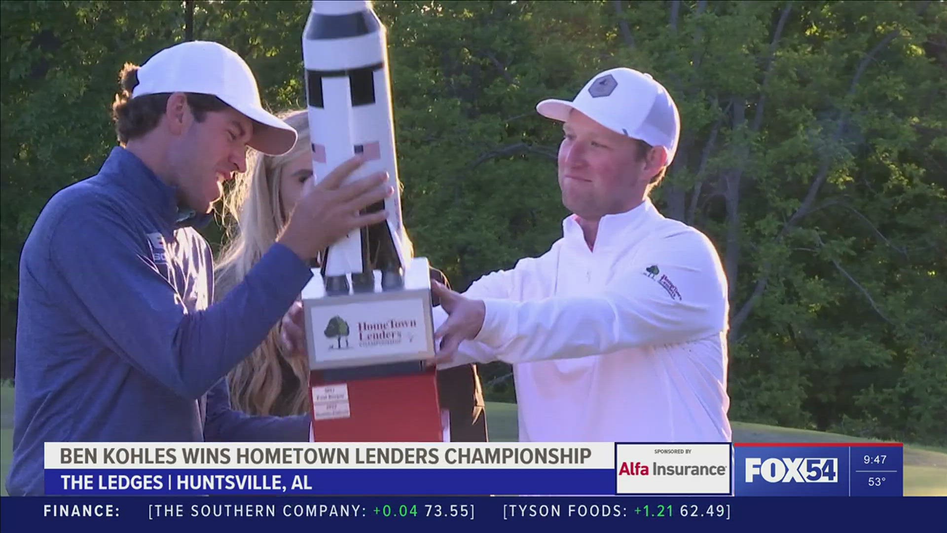 Ben Kohles lifted the rocket trophy after finishing -3 and with a birdie on the double playoff hole in the final round of the HomeTown Lender's Championship