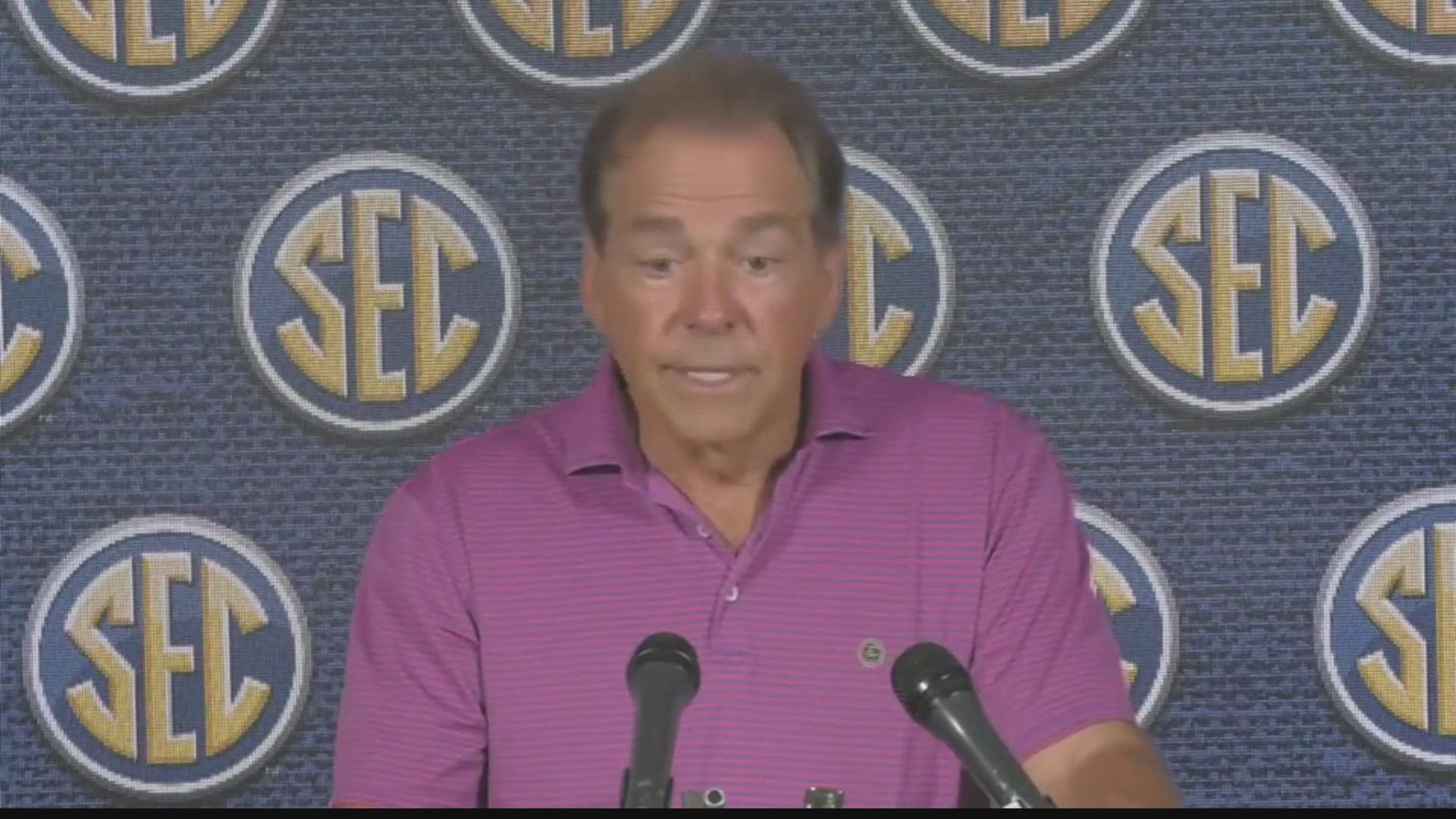Nick Saban tried to put an end to his feud with Texas A&M’s Jimbo Fisher at the Southeastern Conference meetings.