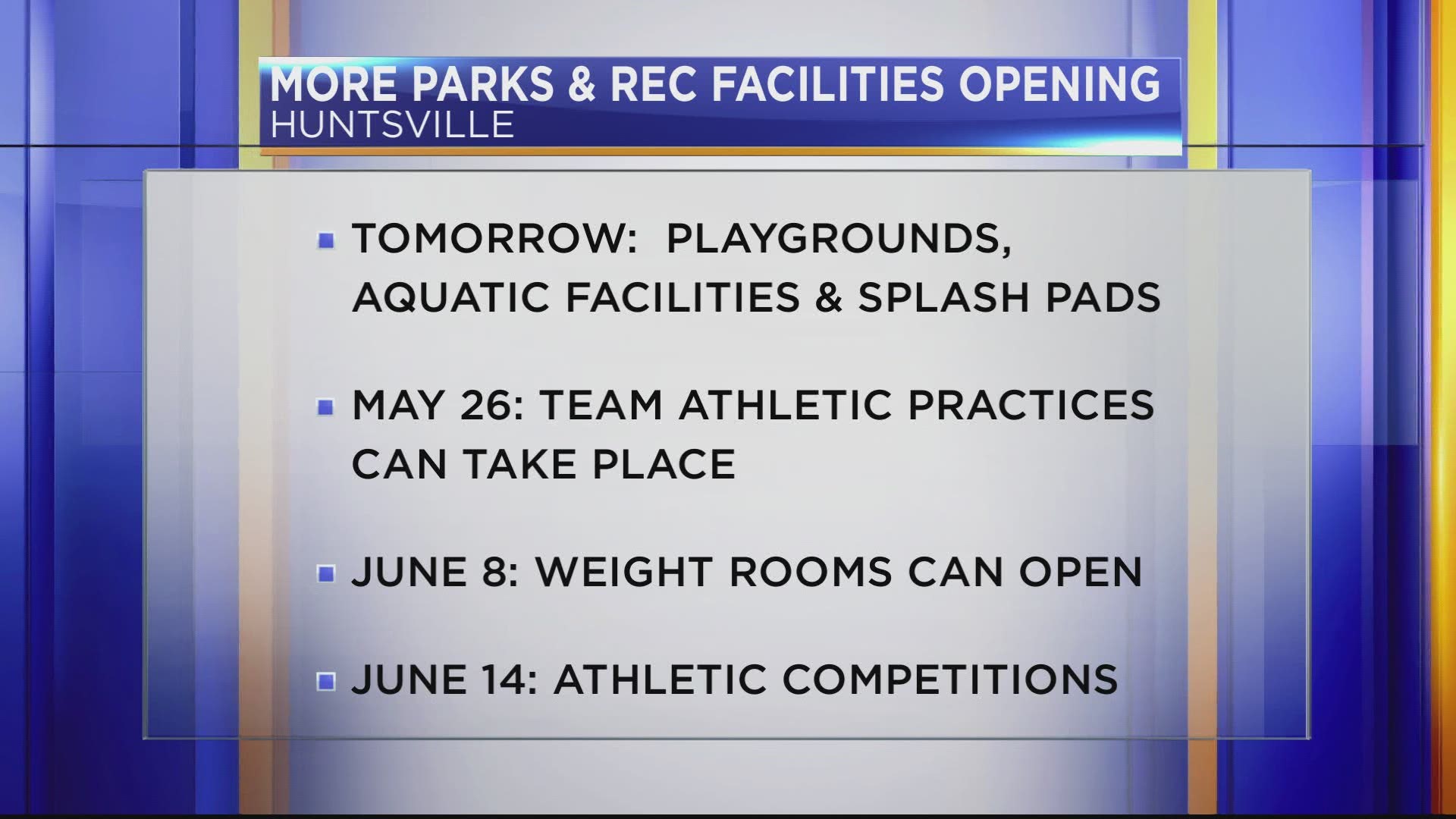 Restrictions are easing at Huntsville Parks and Recreation facilities