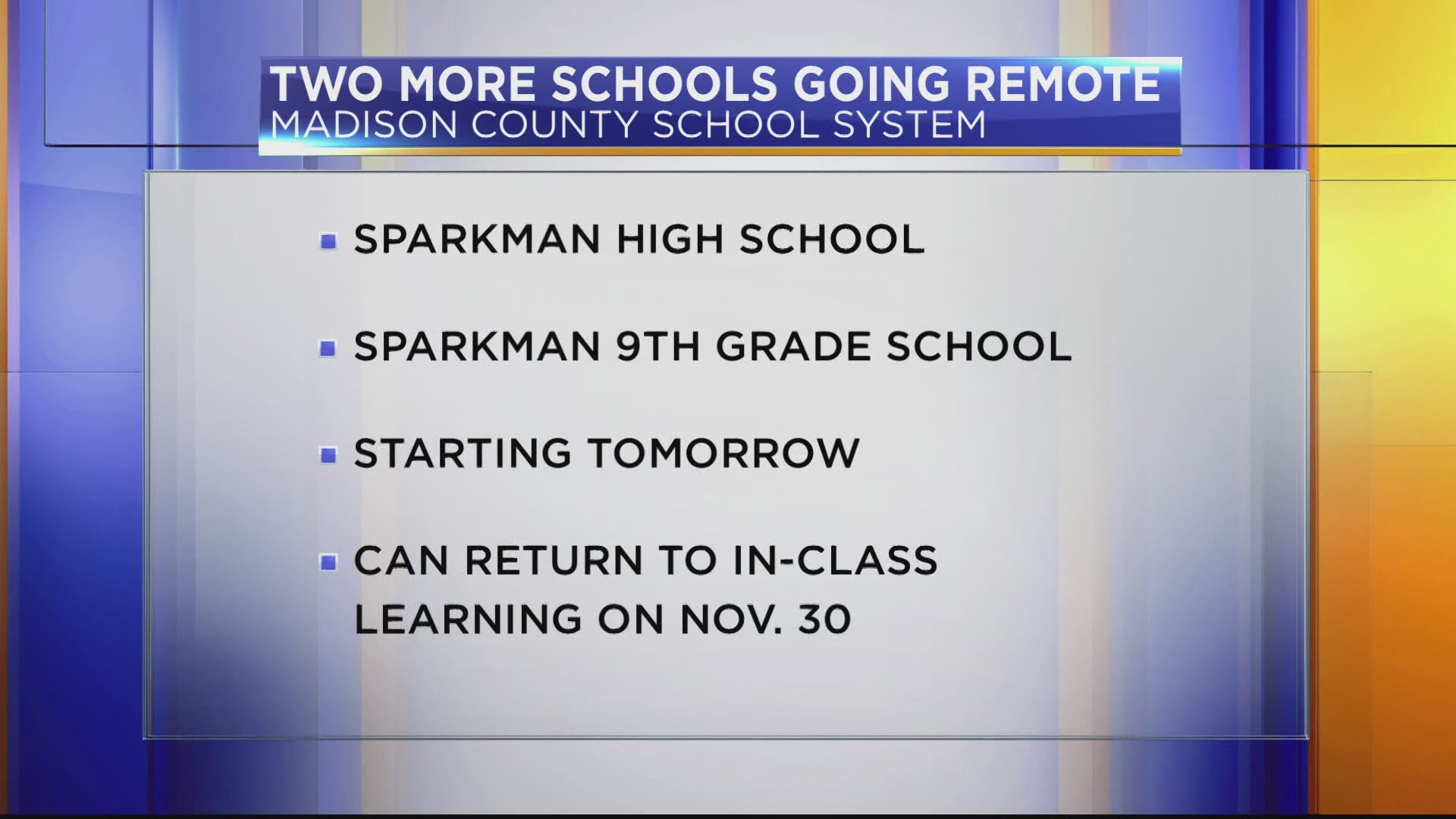 Sparkman High School and the Sparkman 9th Grade School will temporarily transition to 100% remote learning due to COVID-19.