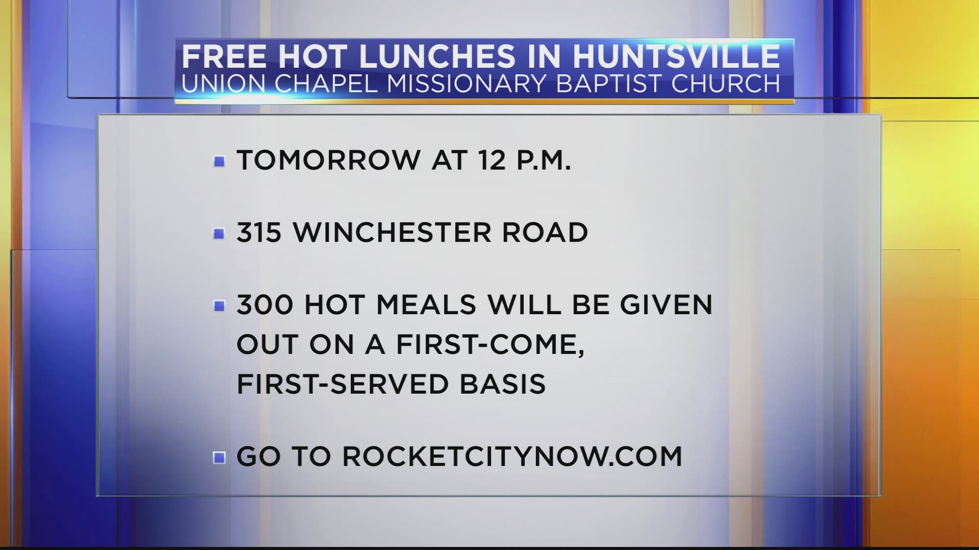 300 Free Hot Lunches Will Be Served By Union Chapel Mb Church Rocketcitynow Com