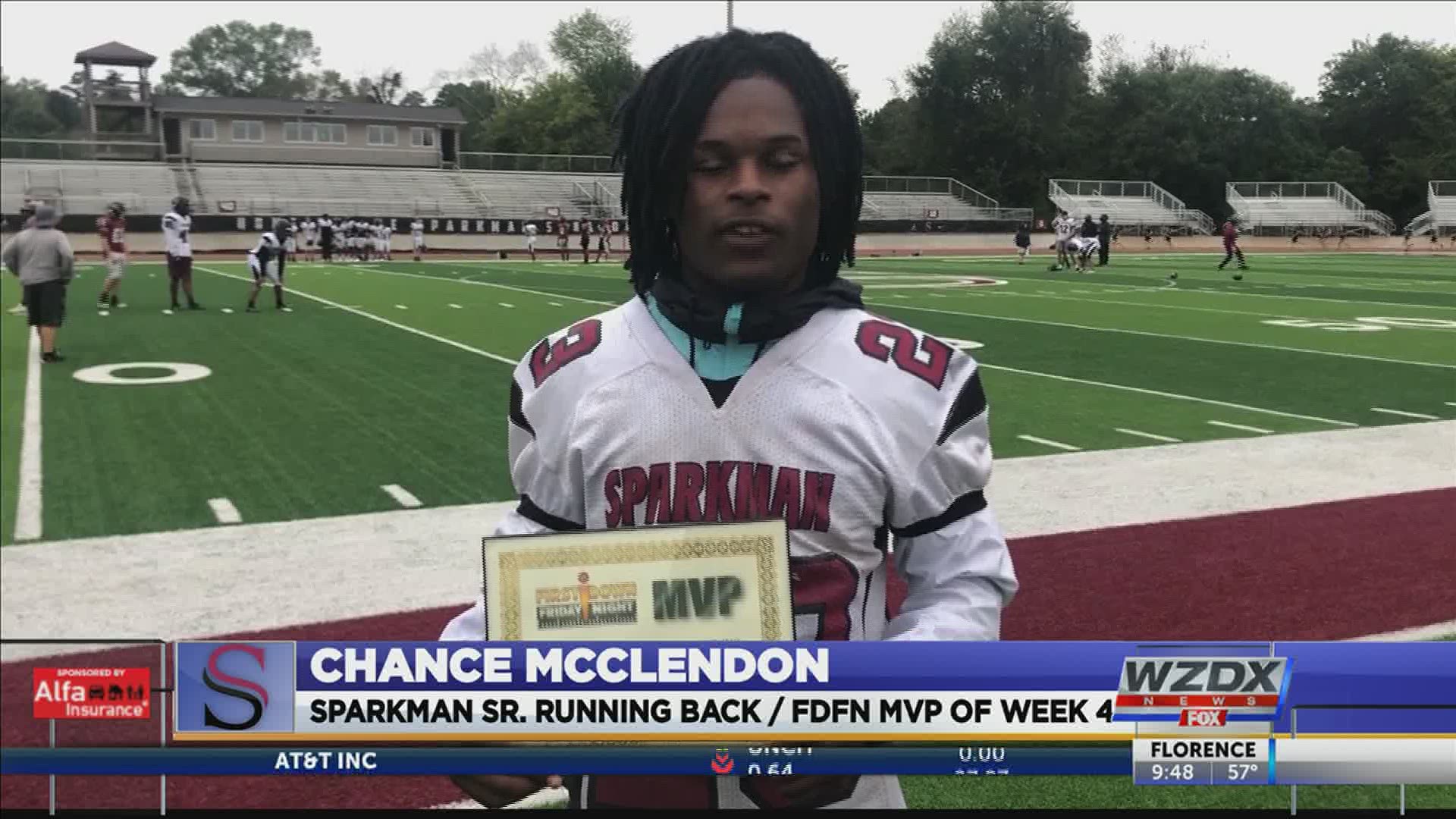 Sparkman's Chance McClendon rushed for 245 yards and scored two touchdown against Austin last week. For his efforts, McClendon is our newest MVP of the week.