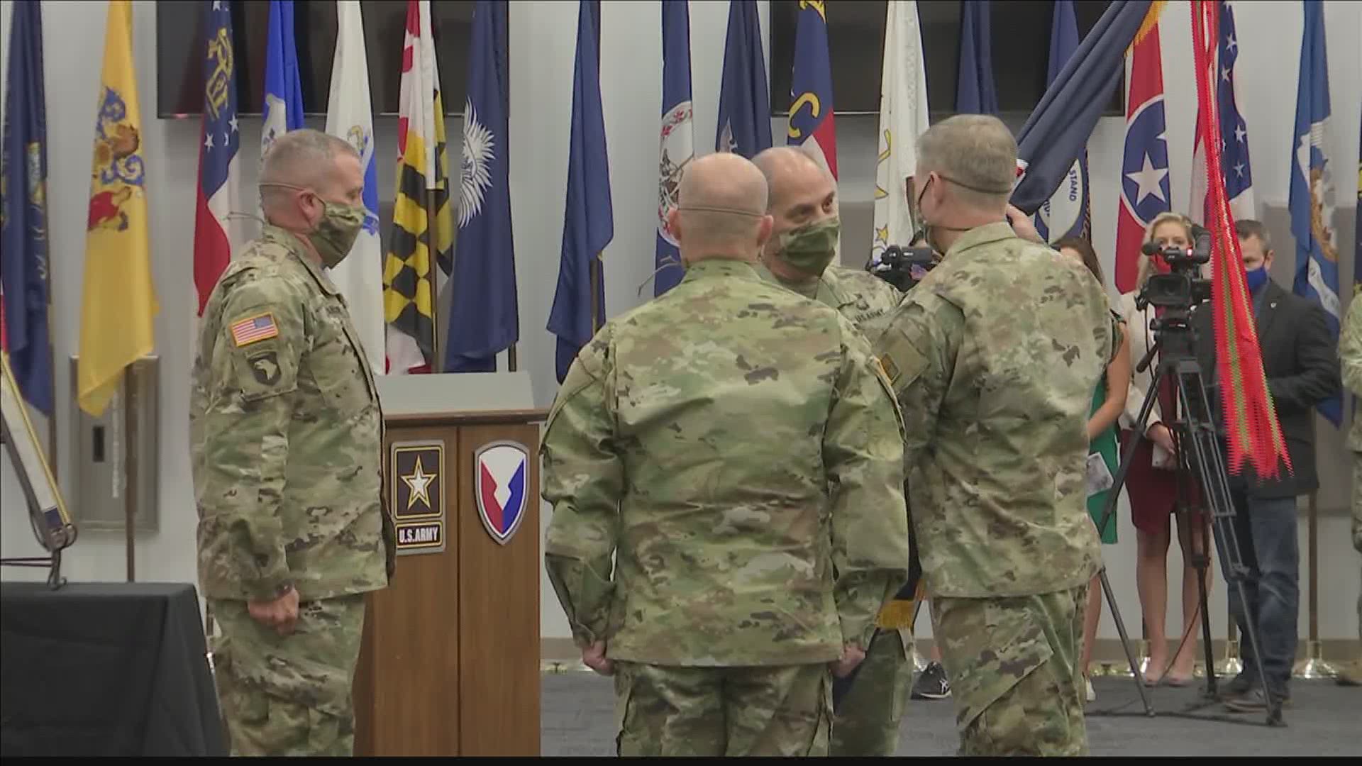 General Gus Perna relinquished command to Lieutenant General Ed Daly during an Army Materiel Command change of command ceremony.