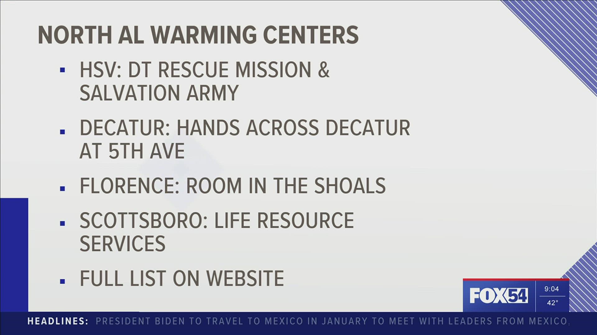 Multiple North Alabama organizations will open warming centers this week as the temperatures drastically drop. For a full list of warming centers, visit Fox54.com.