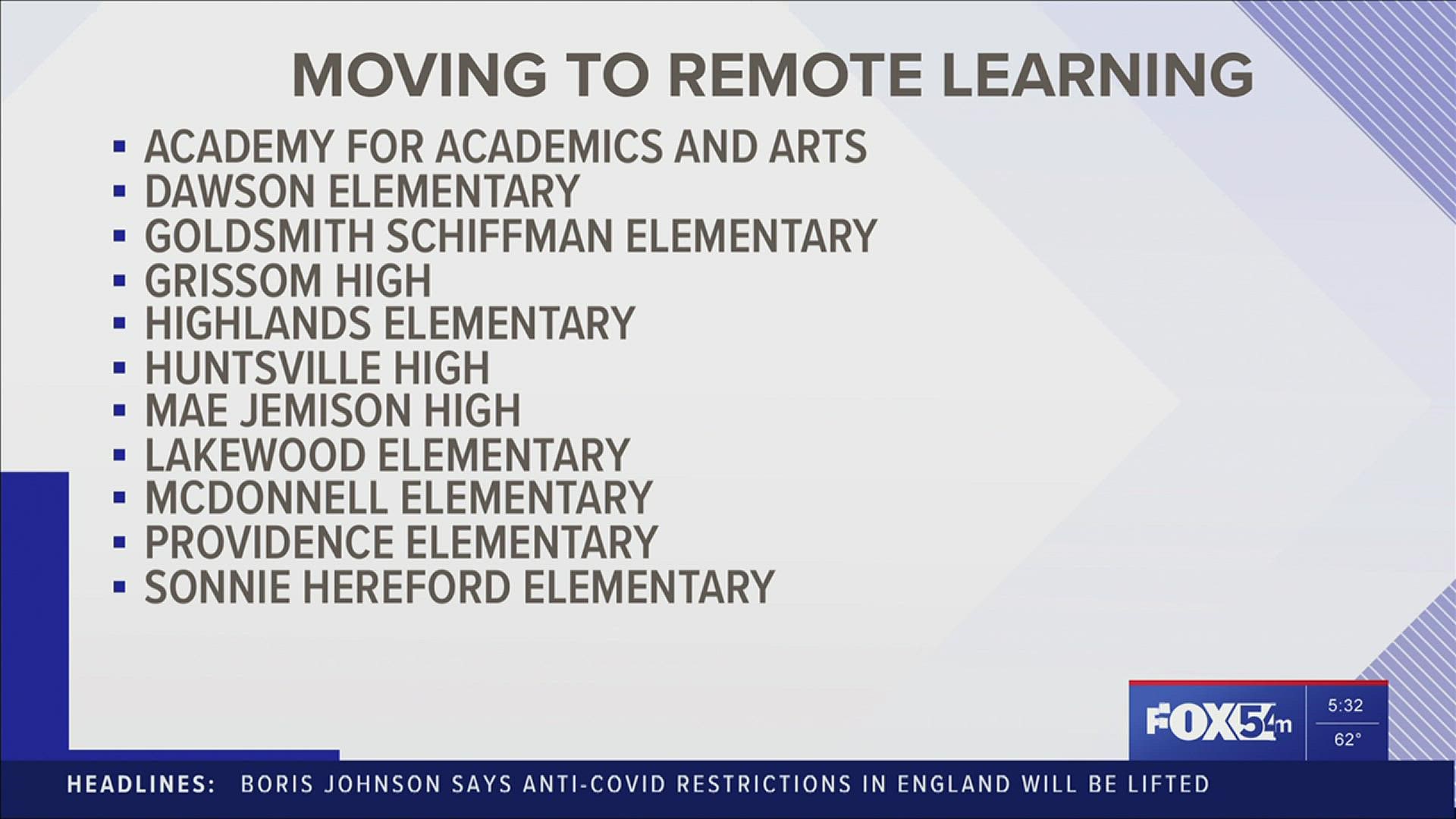 Eleven Huntsville City Schools are temporarily transitioning to remote learning as COVID cases in the district rise.