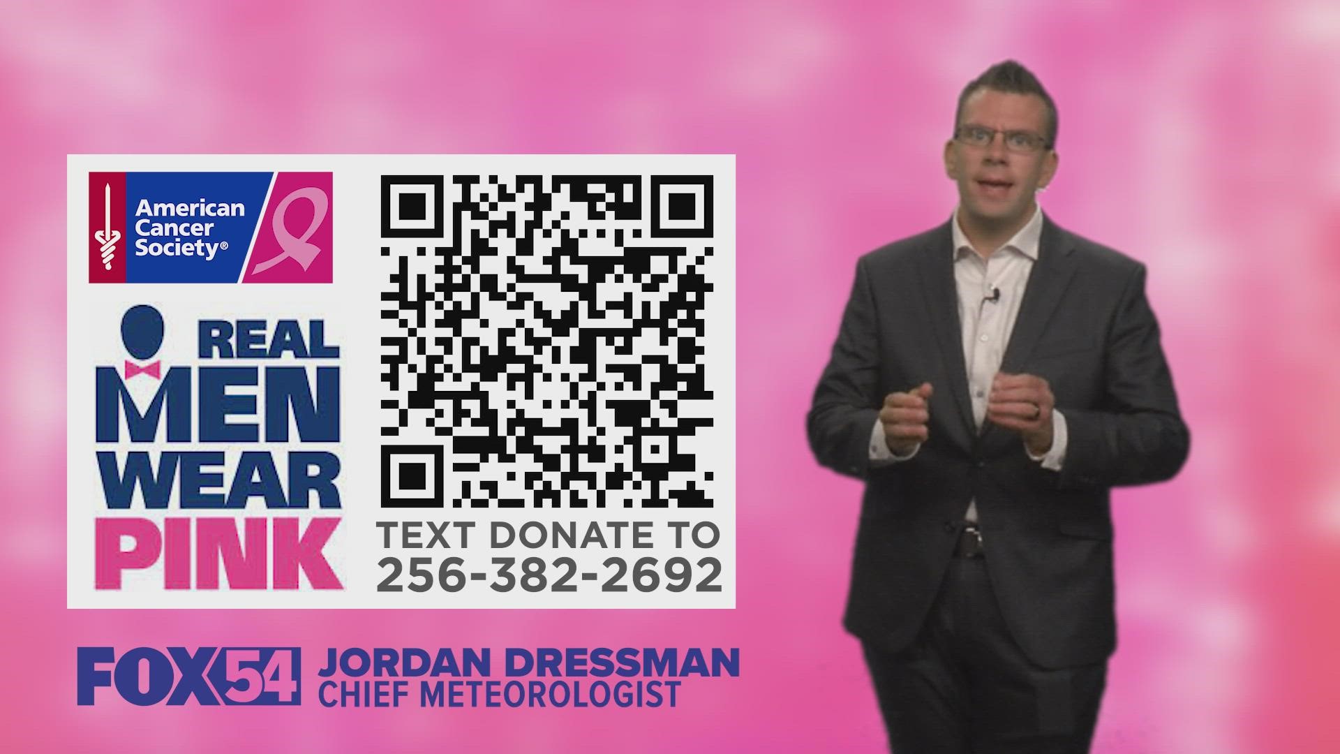 FOX54 News Chief Meteorologist Jordan Dressman wears pink to support breast cancer research. Donate by scanning the QR code or texting DONATE to 256-382-2692