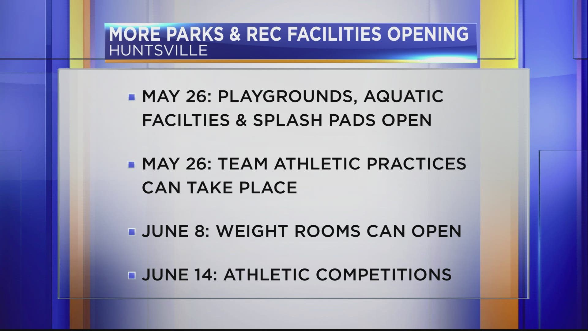More outdoor courts, parks, and the Huntsville Aquatics Center will reopen.