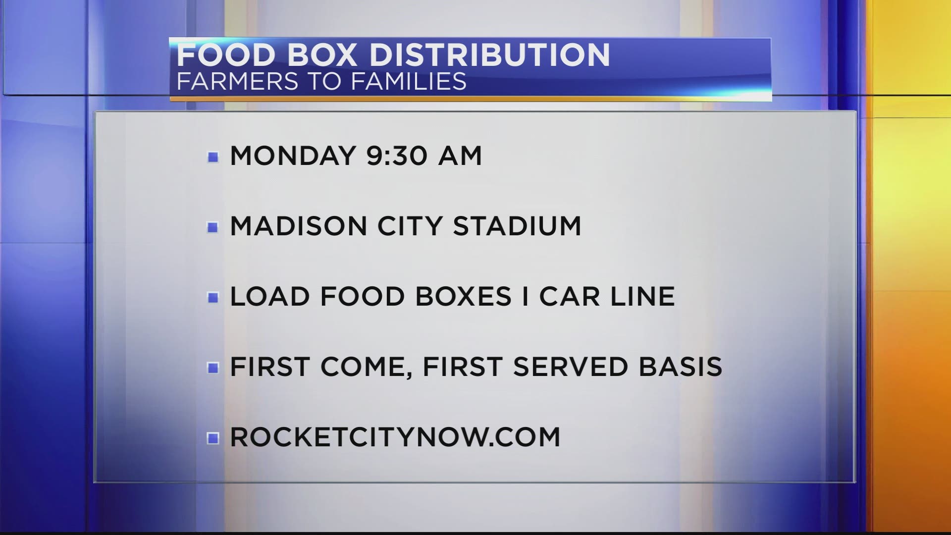 The next distribution is Monday, March 8, at Madison City Stadium, starting at 9:30 a.m.