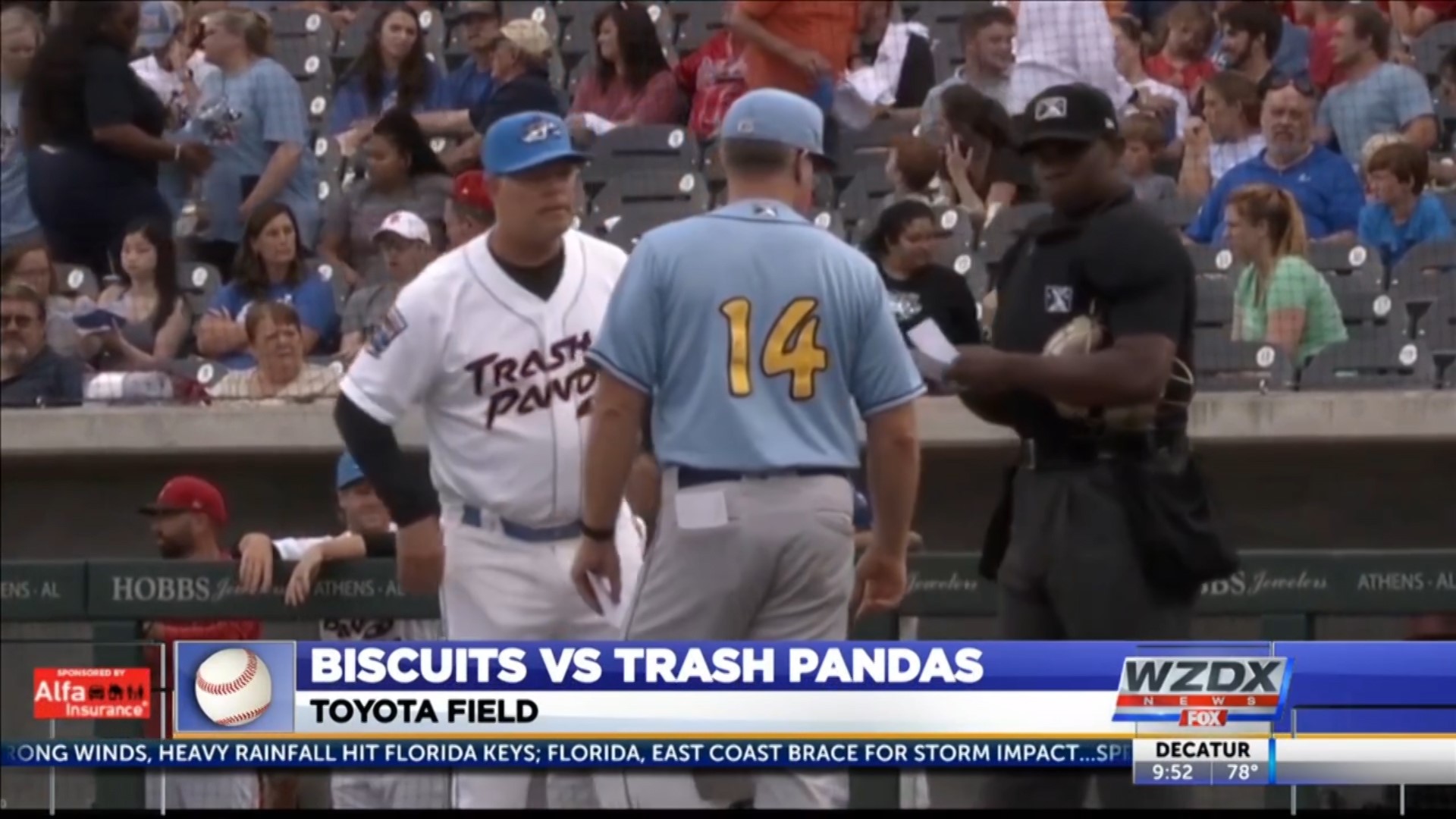 The Rocket City Trash Pandas surrendered 5 runs to in the top of the 9th inning in an 8-6 loss to the Montgomery Biscuits.