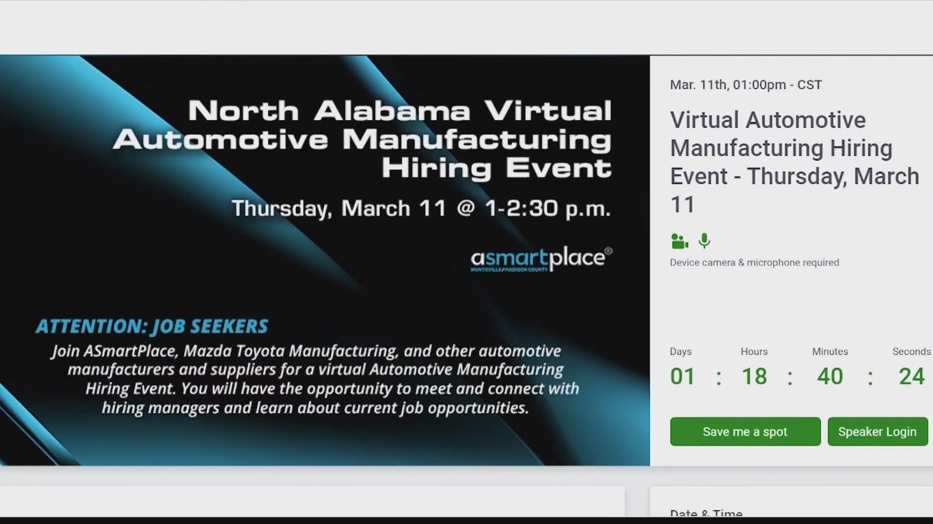 Huntsville-Madison County Chamber of Commerce & MTM will team up to host a virtual automotive hiring event this Thursday.