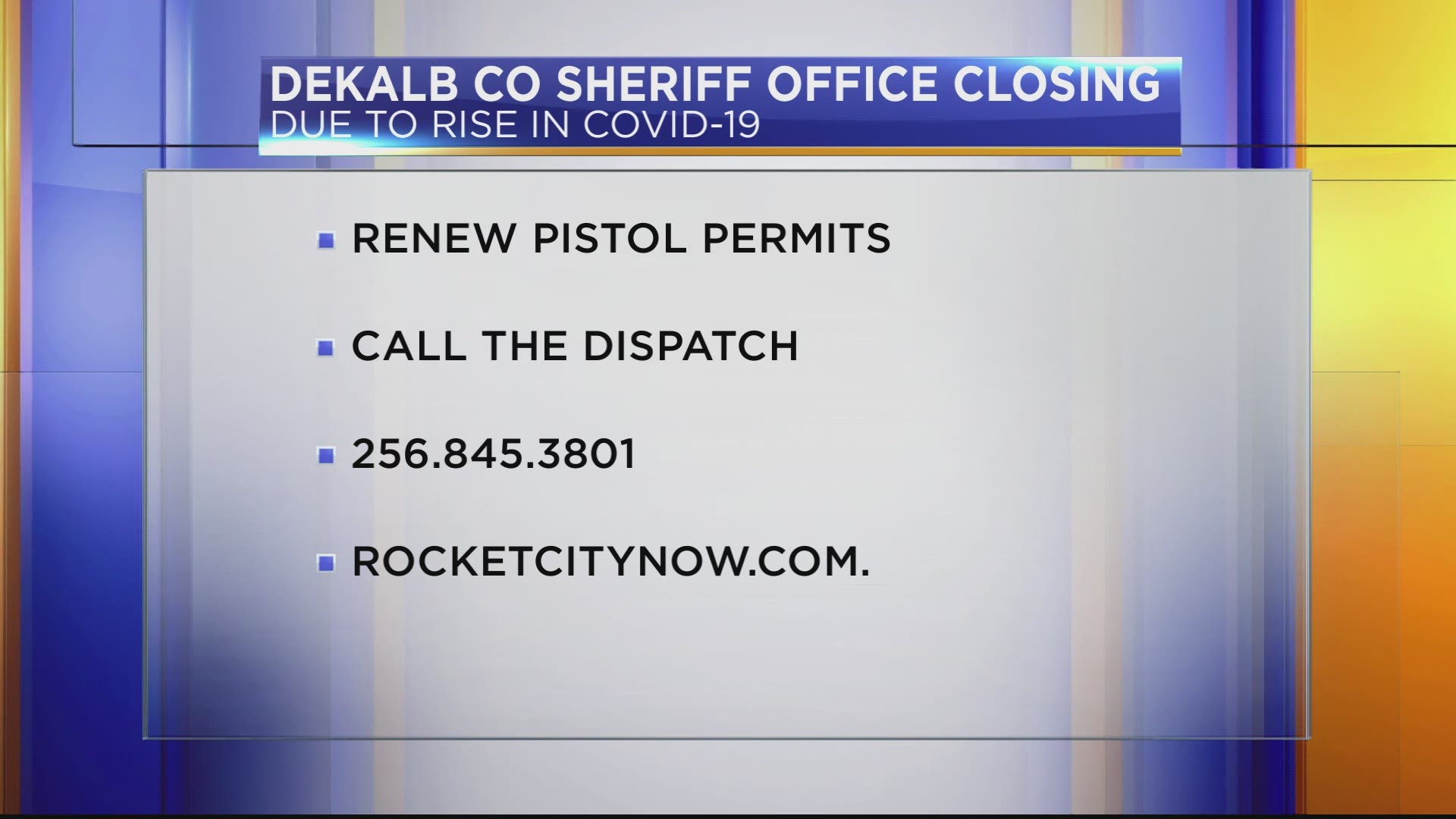 The DeKalb County Sheriff's Office will be temporarily closing its lobby starting Tuesday, December 21, due to an increase of COVID-19 cases in the area.