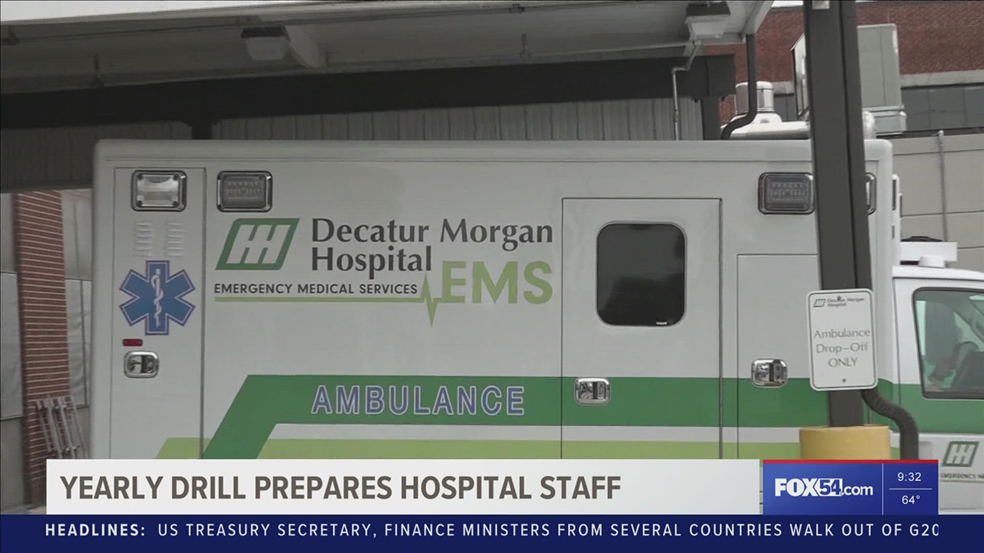 DECATUR MORGAN HOSPITAL HELD A DISASTER DRILL TO PRACTICE HOW THEIR STAFF WOULD RESPOND TO A TORNADO THAT COULD RESULT IN MASS CASUALTIES.