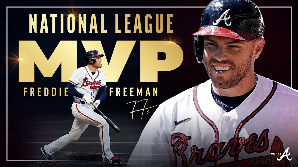 ATLANTA, GA - APRIL 11: Atlanta Braves first baseman Freddie Freeman (5)  with his 2020 NL MVP award prior to the MLB game between the Philadelphia  Phillies and Atlanta Braves on April