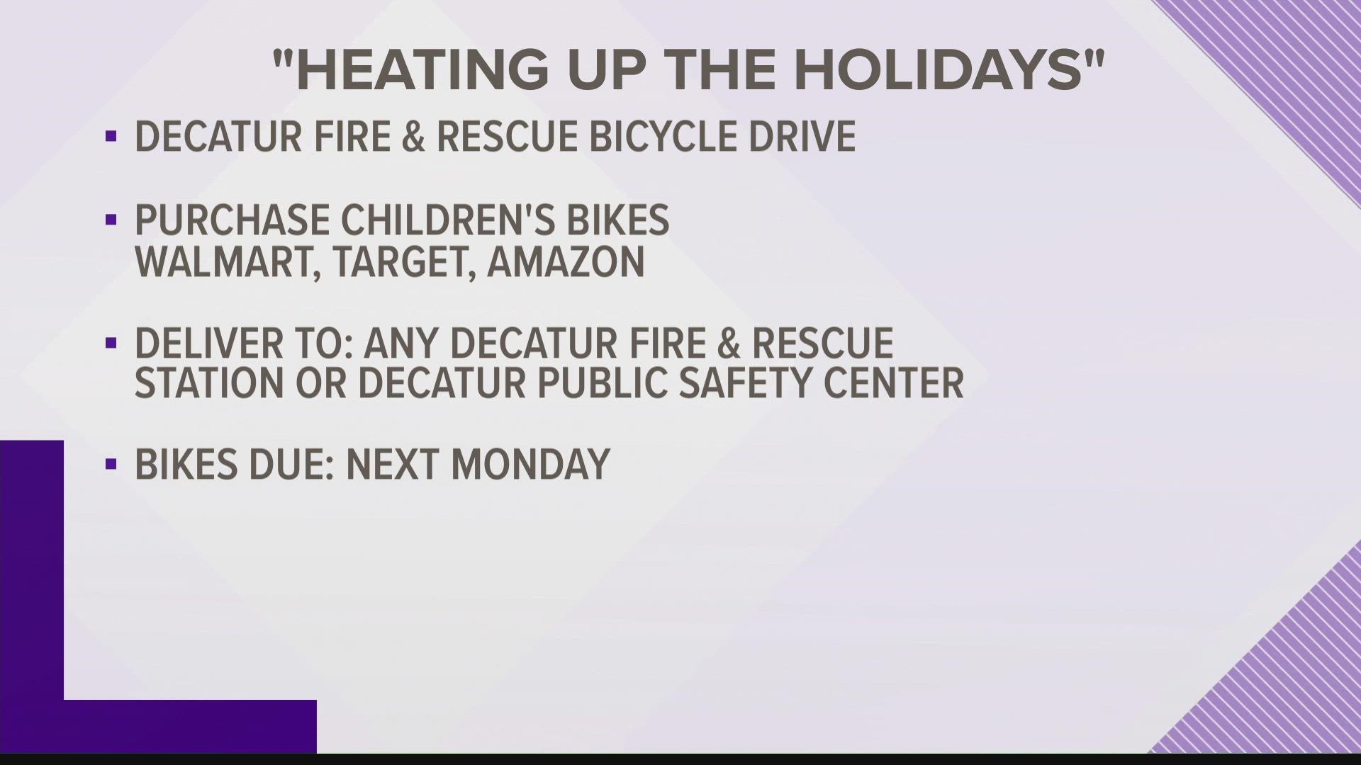 If you are unable to drop off the bike, you can contact Deputy Fire Marshal Kyle Brown at 256-341-4856 to schedule a pick-up time.