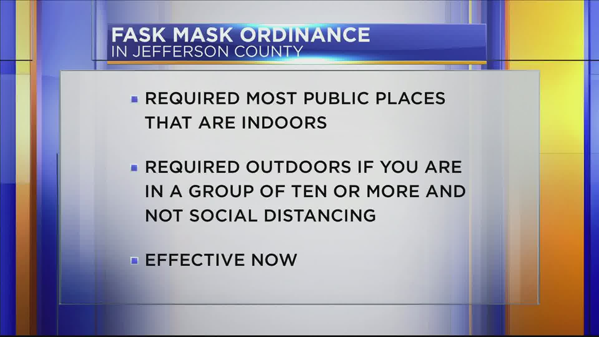 Effective June 29, 2020, public establishments in Jefferson County will require persons to wear a face covering by order of the Jefferson County Health Officer.