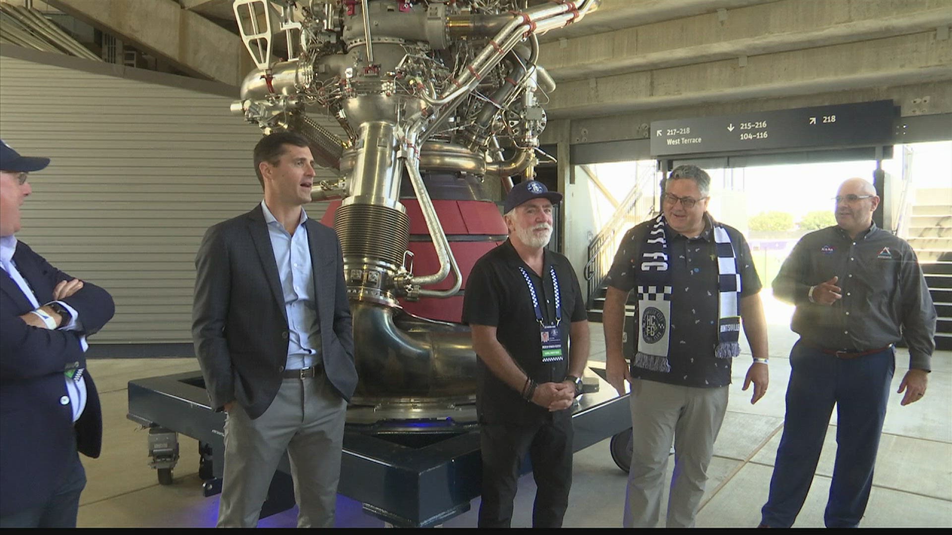 The rocket engine is the first of its kind to be put on long-term display at a professional sports venue.