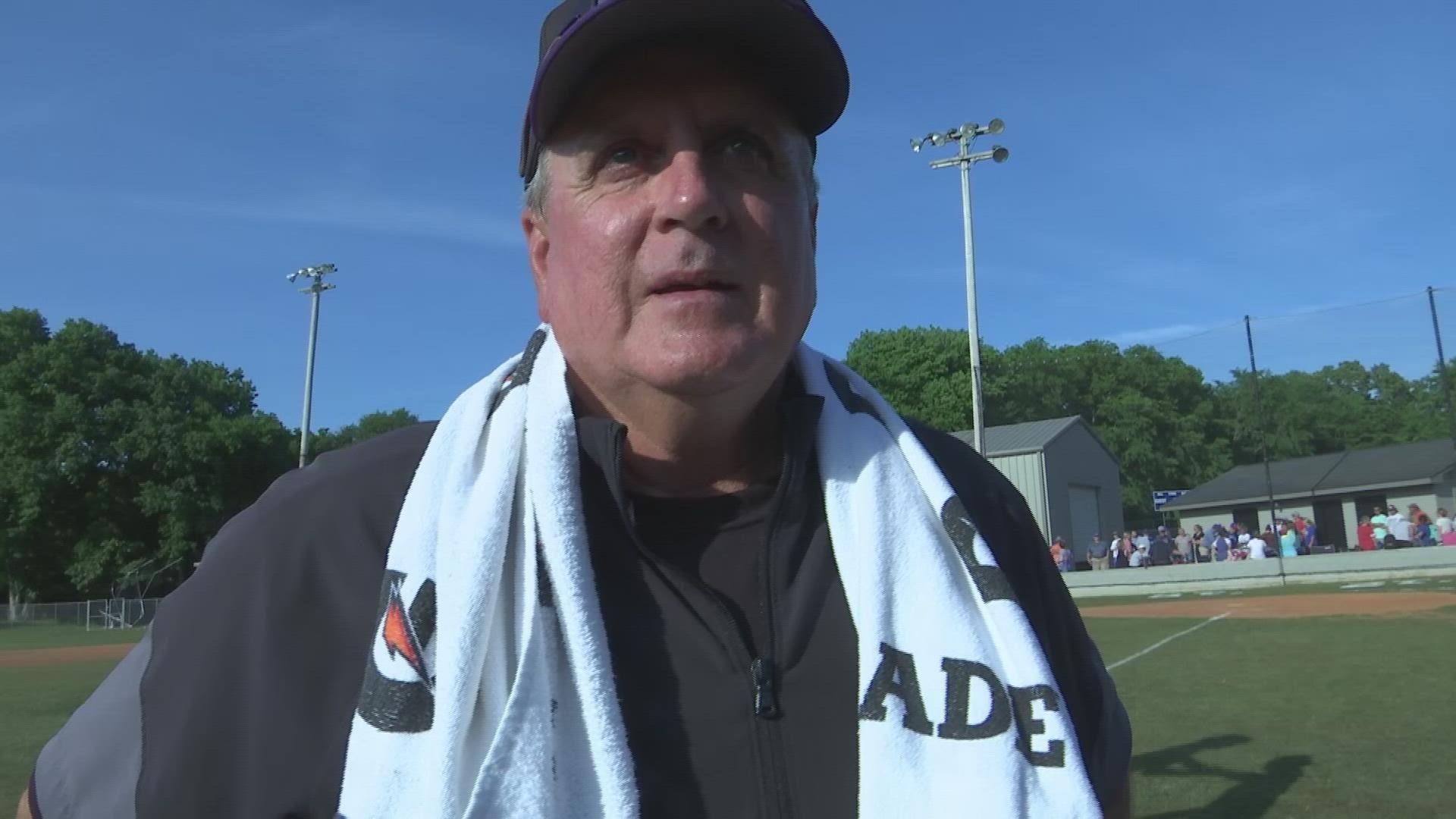 Decatur Heritage head baseball coach speaks following the team's semifinals win over Mars Hill. The Eagles face GW Long in the championship series.