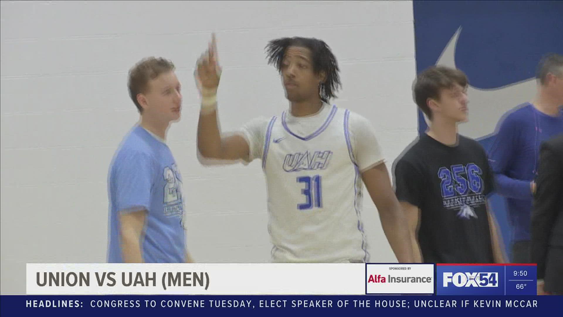 The UAH men's basketball team claimed a 76-74 victory over Union. The Charger women dropped Monday's home matchup to No. 19 Union by a final score of 85-47