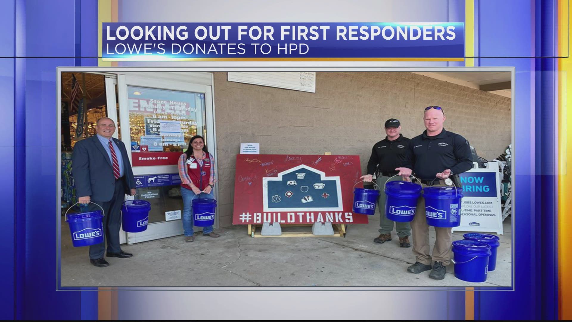 Lowe's donated hand sanitizer, sanitizing spray, and gloves to Huntsville Police's South Precinct.