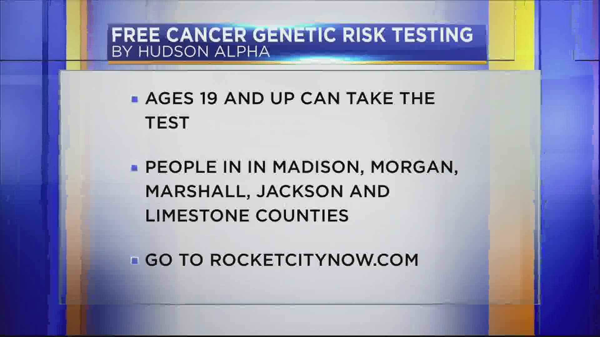 HudsonAlpha offers free testing to adults 19 or older in Madison, Morgan, Marshall, Jackson and Limestone counties.