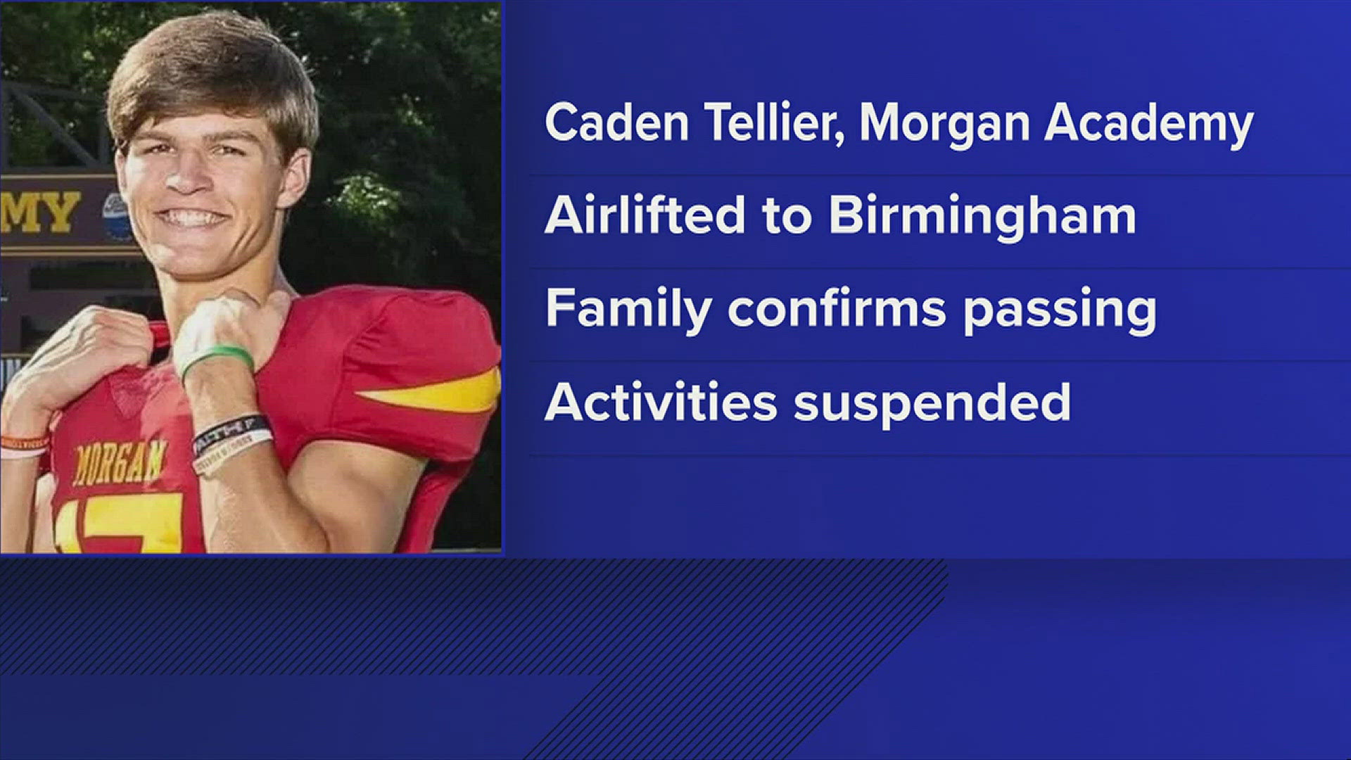 Caden Tellier was flown to Birmingham for treatment following an injury at a game, but died Saturday, according to family.