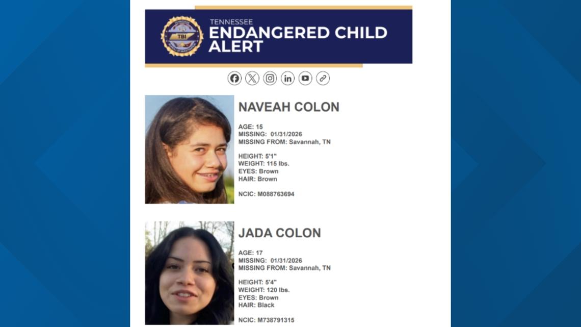 Tennessee issues alert for missing teens Jada and Naveah Colon near North Alabama