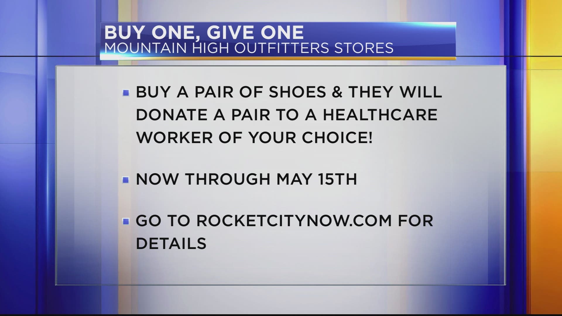 Now through May 15, any individual that buys a pair of shoes, MHO will give a pair to a first responder or healthcare worker of their choice.