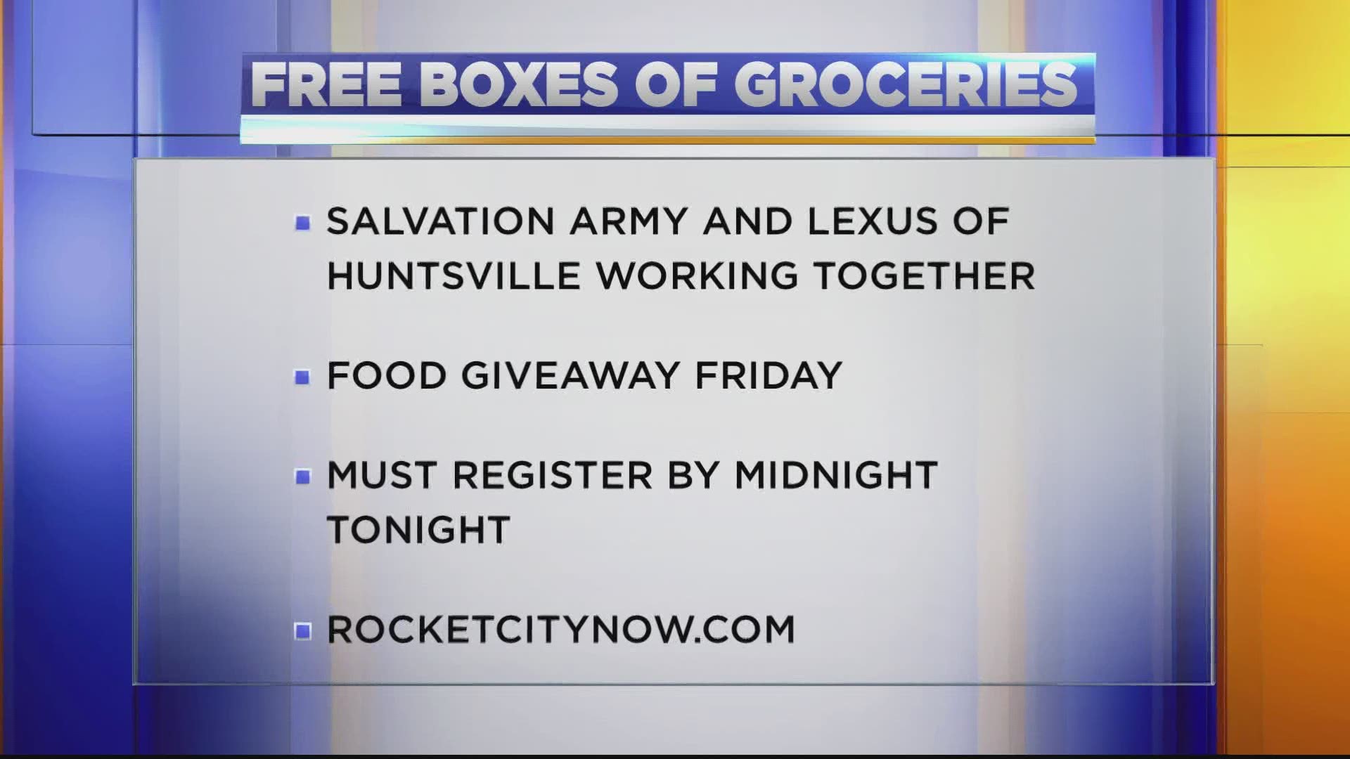 The Salvation Army and the Lexus of Huntsville are offering free grocery boxes for Madison County Alabama area families.