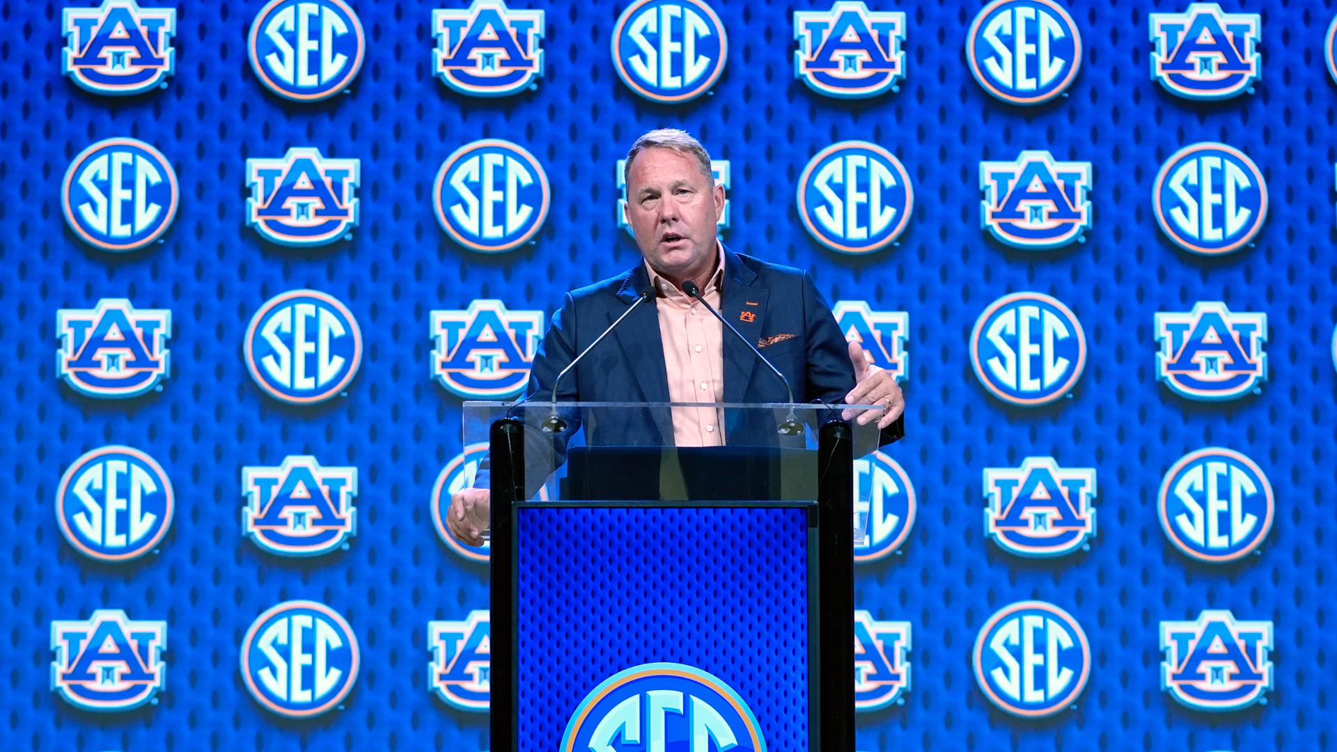 Auburn head coach Hugh Freeze speaks in the Main Room at 2024 SEC Football Media Days (credit: Southeastern Conference)