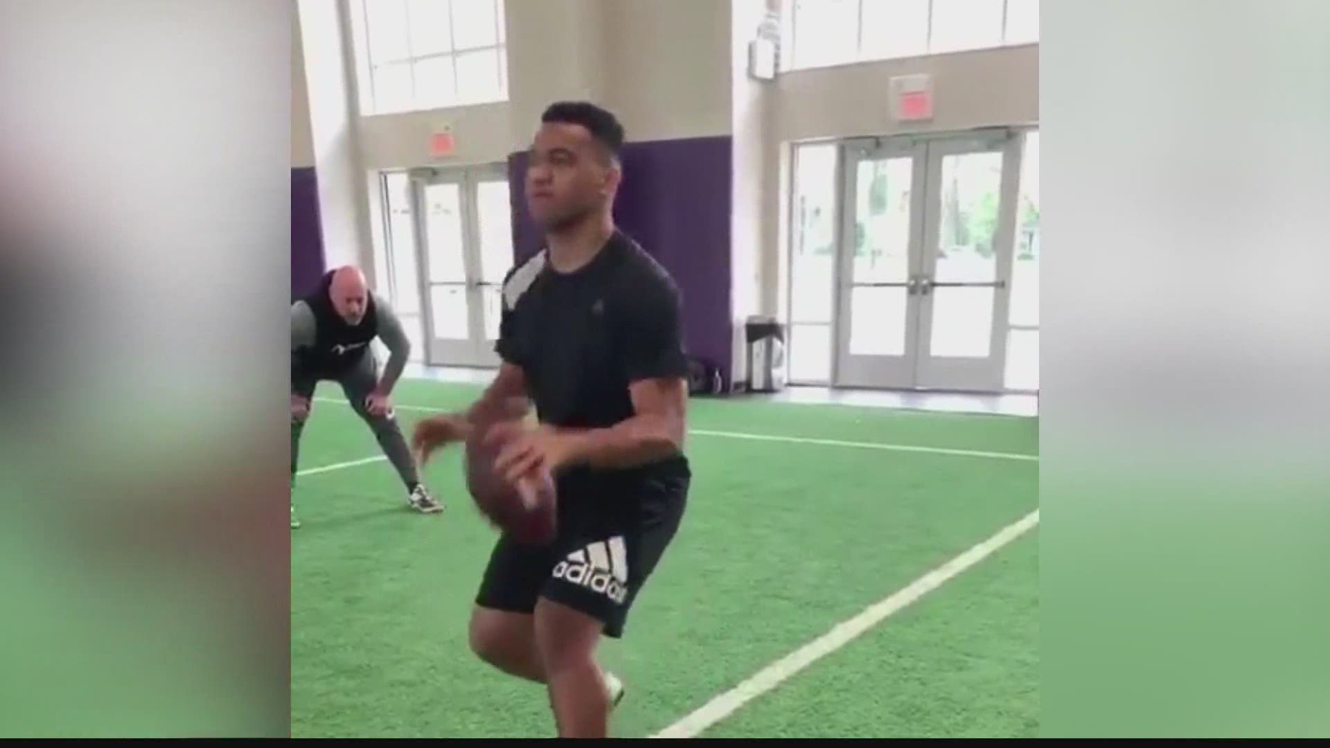 Quarterback Tua Tagovailoa, who is recovering from a hip injury, posted a video to social media on Monday that shows him throwing during drills.