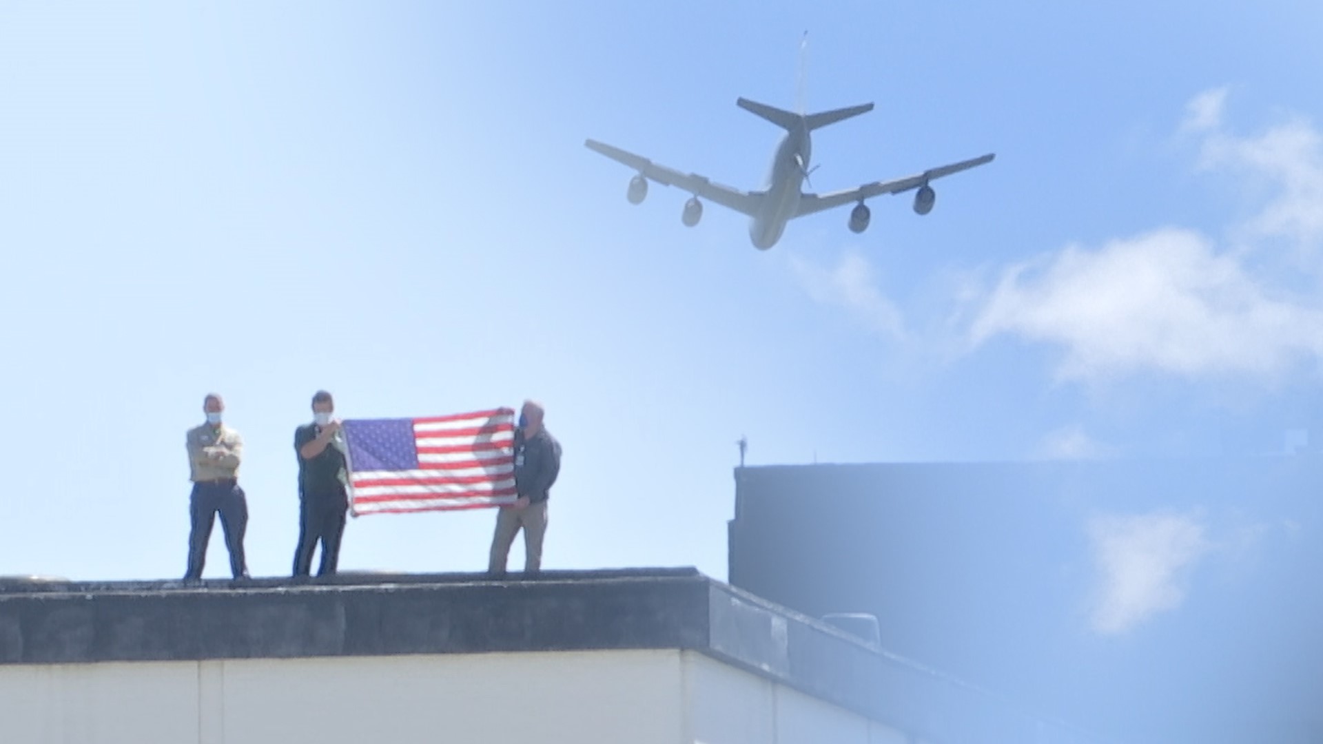 A KC-135R Stratotanker aircraft from the 117th Air Refueling Wing flew over hospitals to show appreciation to health care workers.