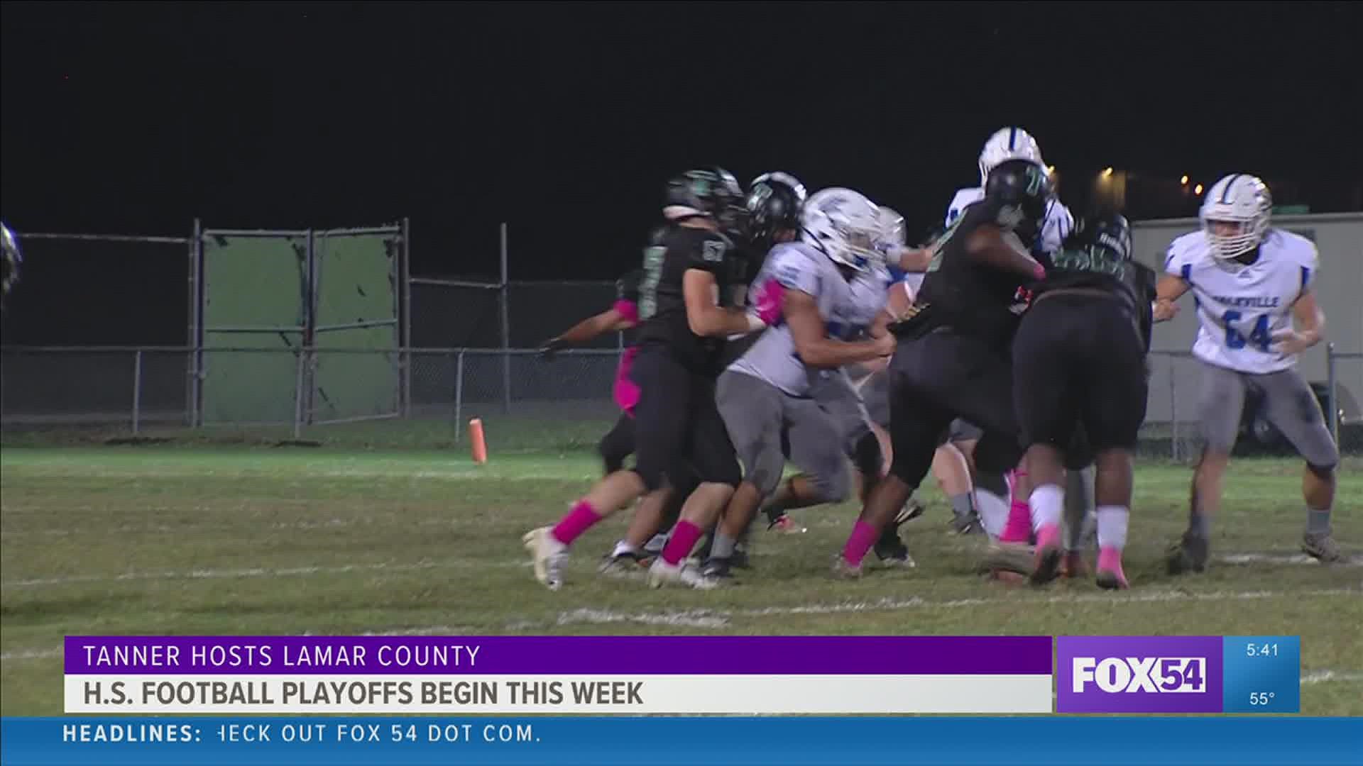 Tanner High School hosts Lamar County High School as high school football playoffs begin.